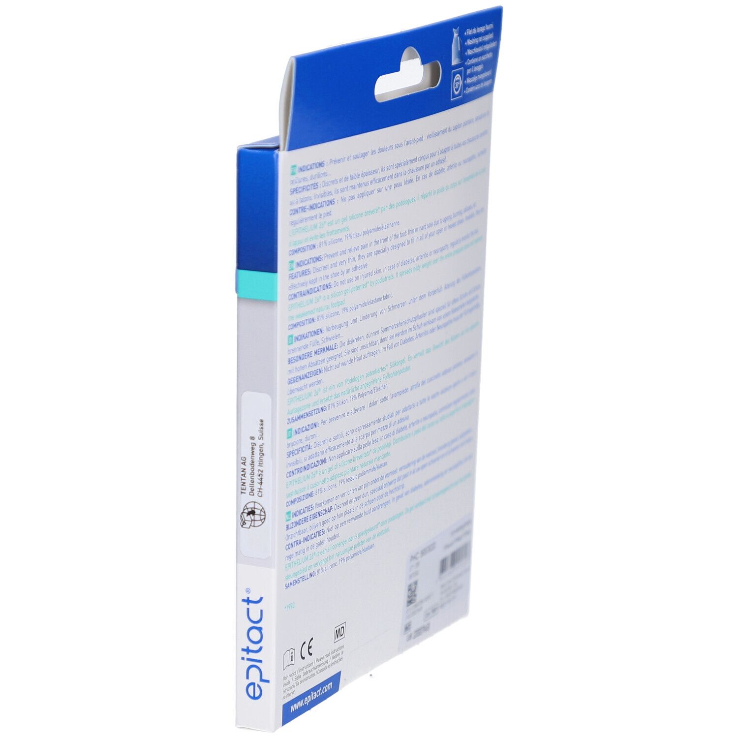 Seitenansicht der EPITACT-Verpackung. Text und Logo. Verpackung in Blau und Weiß.