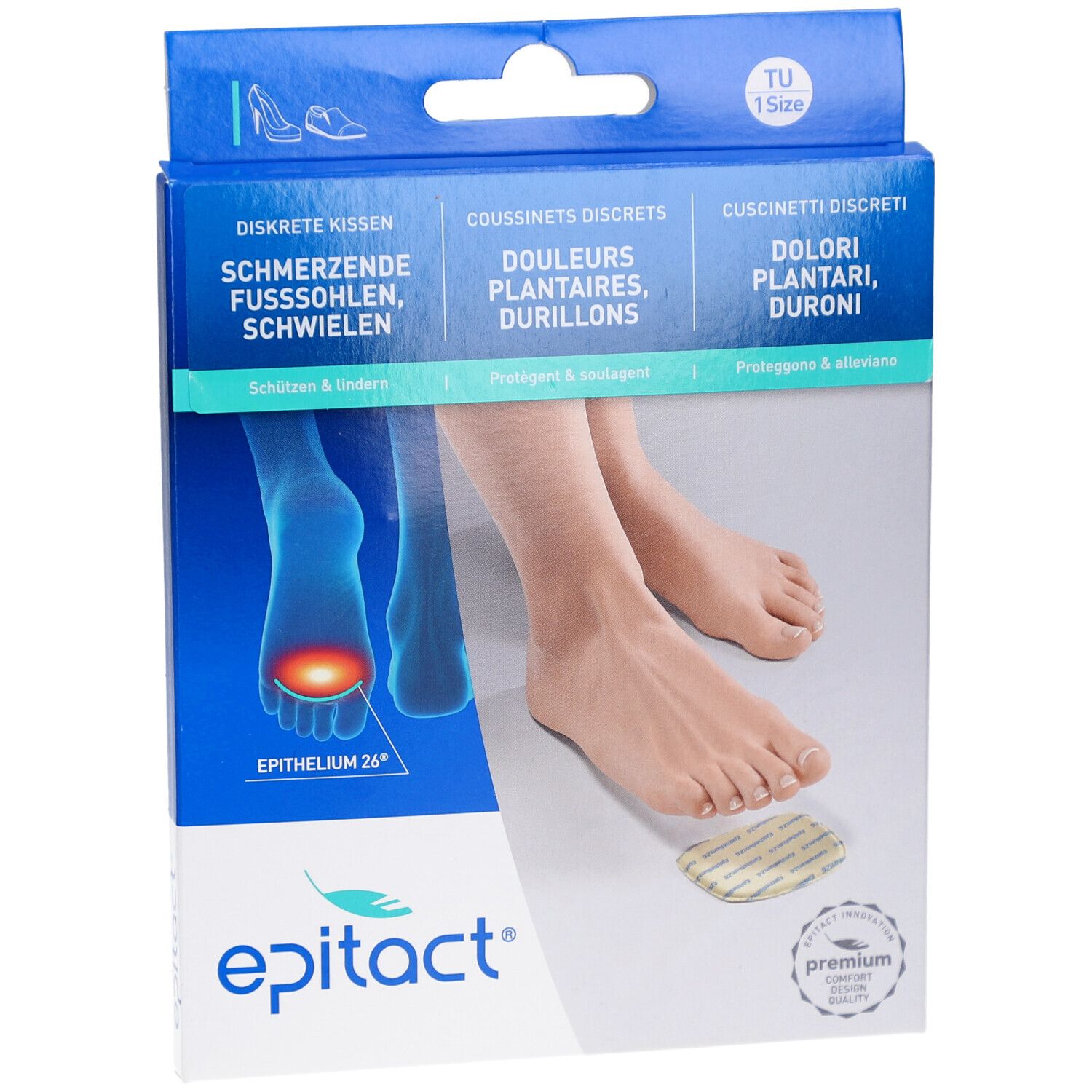 EPITACT-Verpackung. Produktname und Text in Deutsch, Französisch und Italienisch. Füße und Produkt abgebildet.