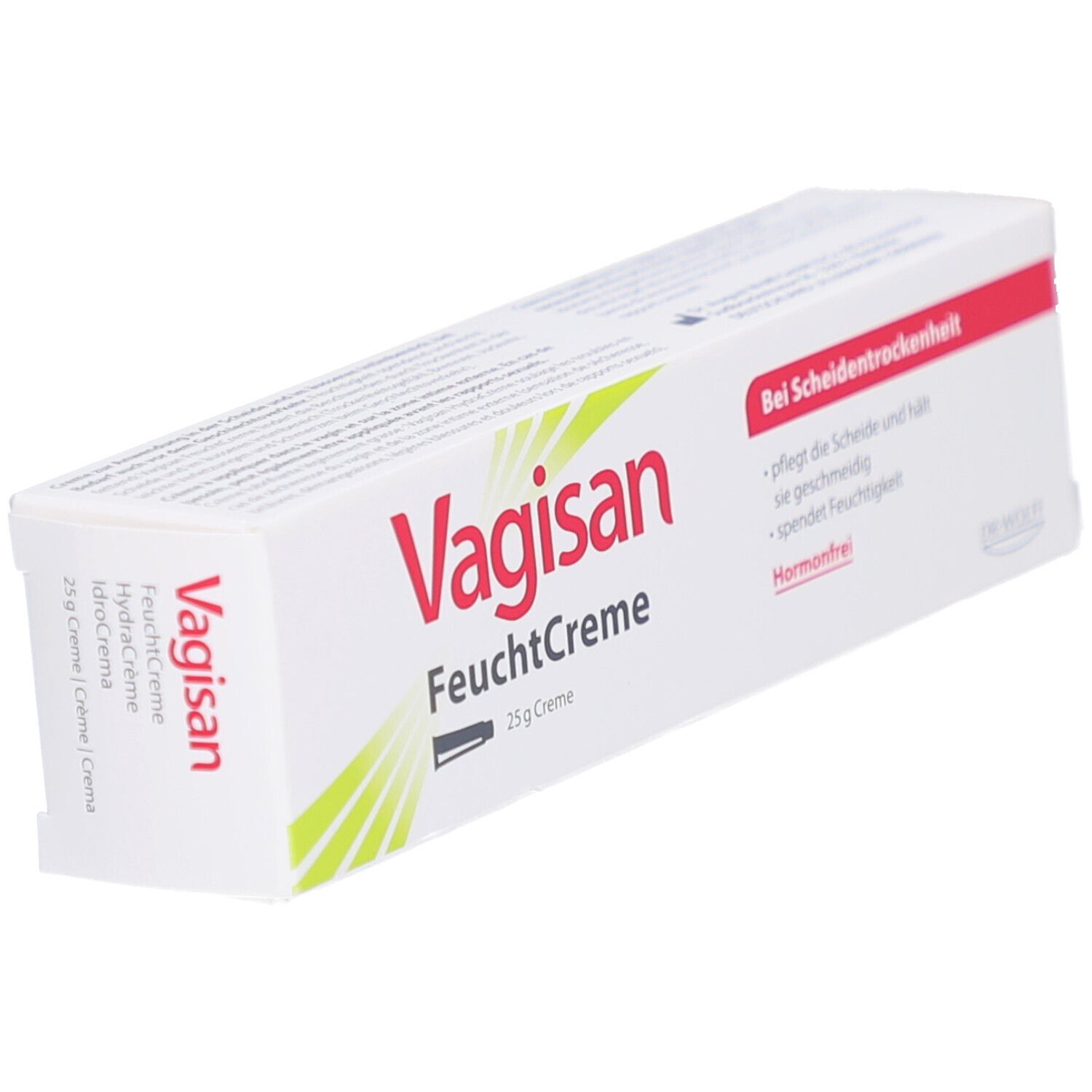 Weiße Faltschachtel mit roter und grüner Schrift. Aufschrift: Vagisan FeuchtCrème, 25 g Creme. Text: Bei Scheidentrockenheit.