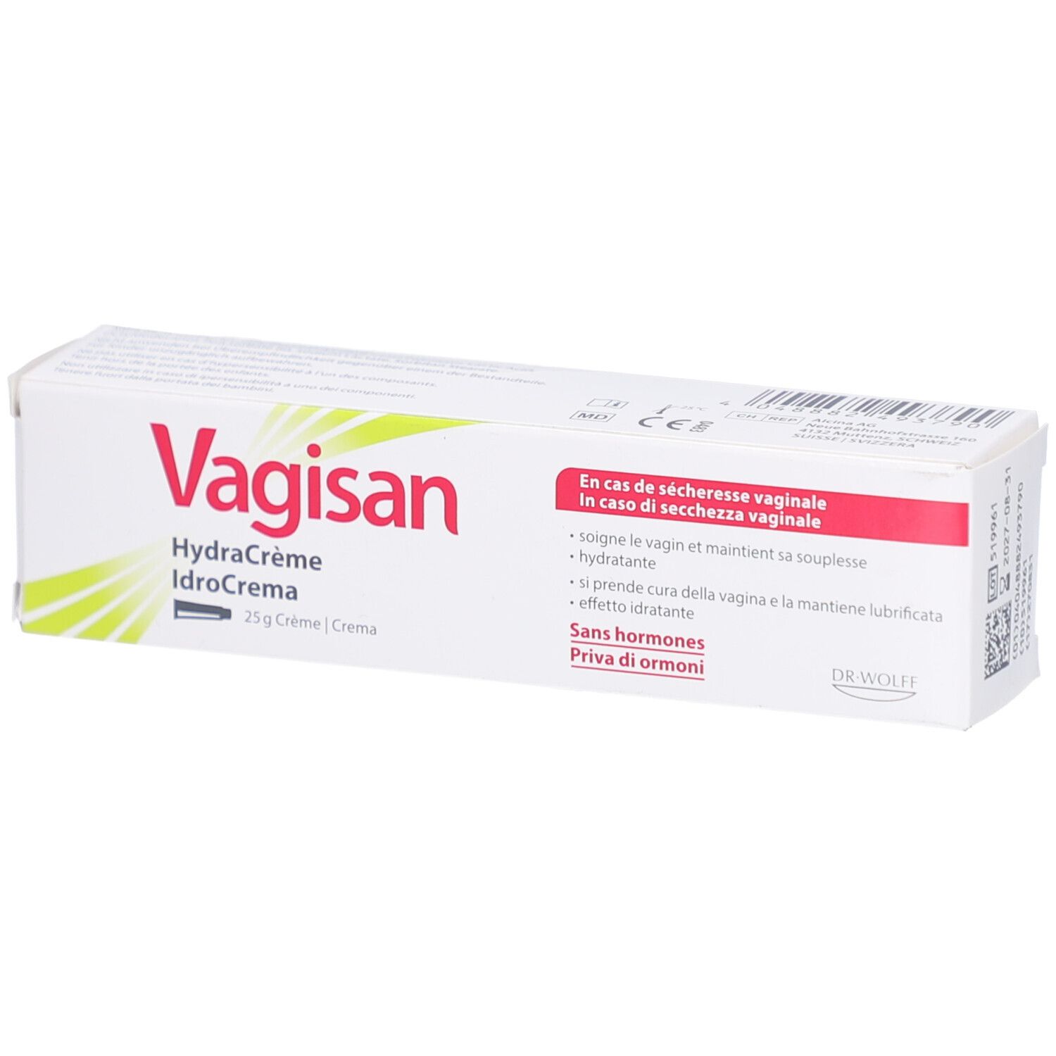 Weiße Faltschachtel mit roter und grüner Schrift. Aufschrift: Vagisan HydraCrème, 25 g Creme. Text: In caso di secchezza vaginale.