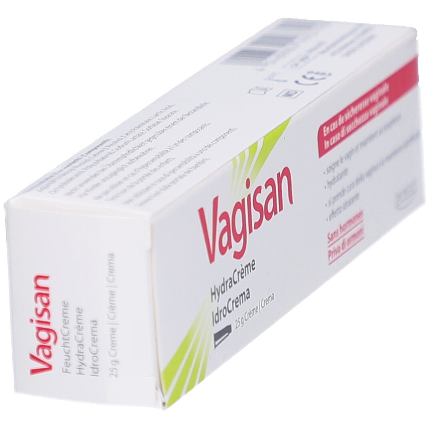 Weiße Faltschachtel mit roter und grüner Schrift. Aufschrift: Vagisan HydraCrème, 25 g Creme. Text: In caso di secchezza vaginale.