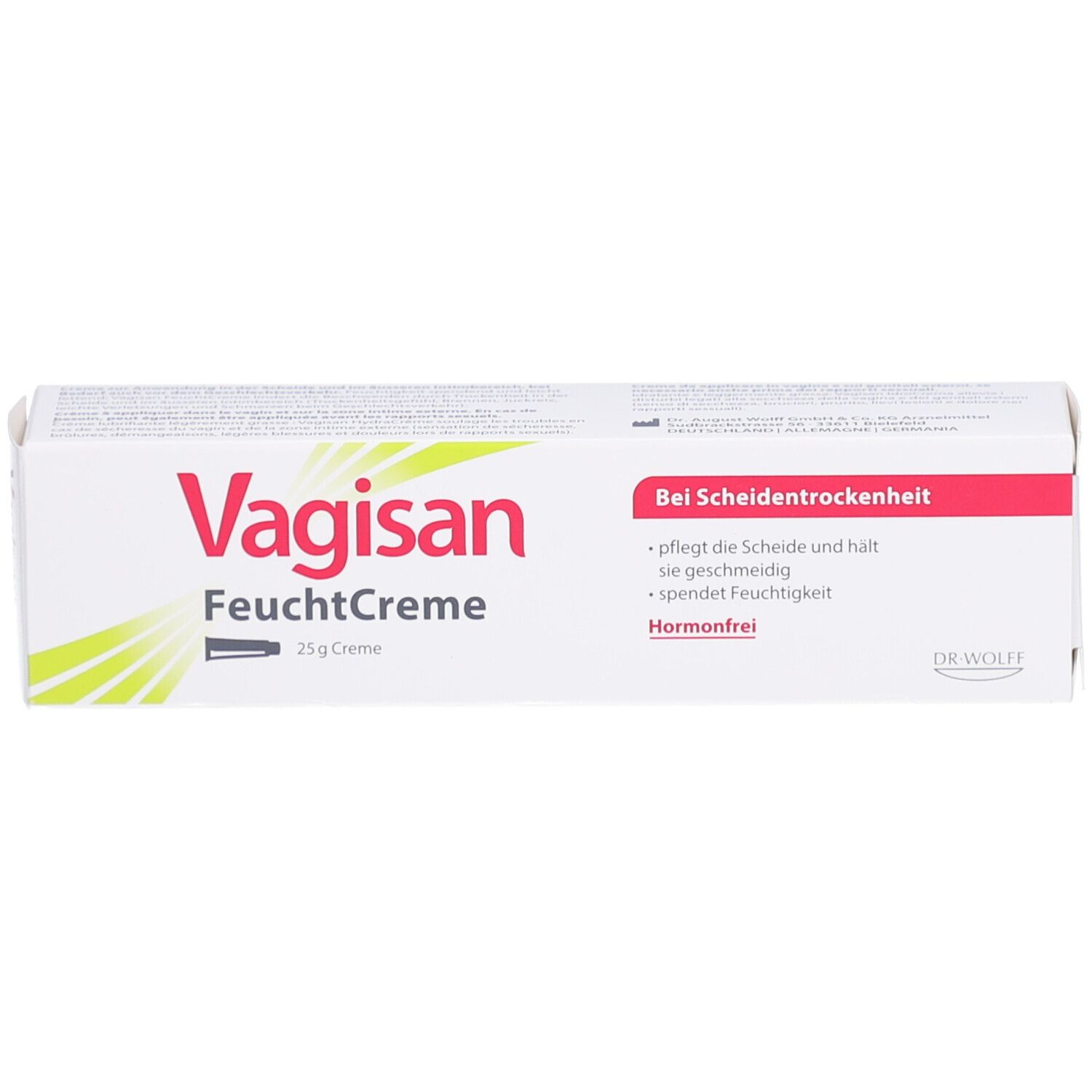 Weiße Faltschachtel mit roter und grüner Schrift. Aufschrift: Vagisan FeuchtCrème, 25 g Creme. Text: Bei Scheidentrockenheit.