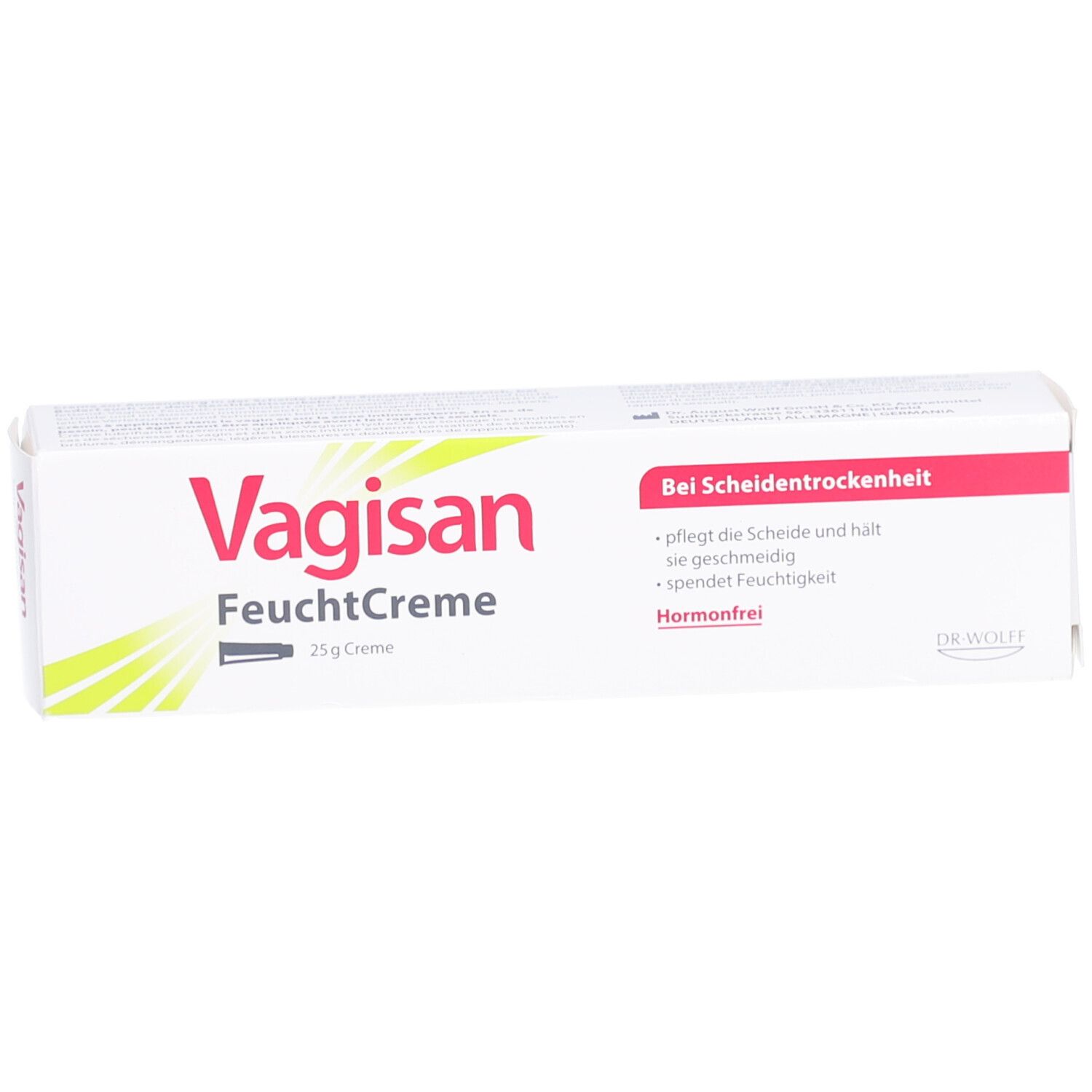 Weiße Faltschachtel mit roter und grüner Schrift. Aufschrift: Vagisan FeuchtCrème, 25 g Creme. Text: Bei Scheidentrockenheit.