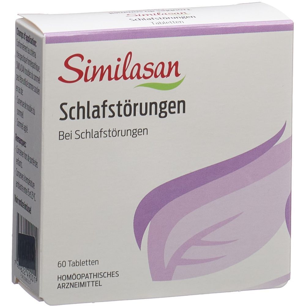 Weiße Schachtel mit Similasan-Logo und Aufschrift Schlafstörungen. Enthält 60 Tabletten. Homöopathisches Arzneimittel.