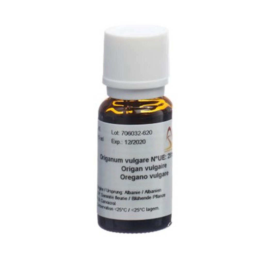 Flacon en verre brun avec bouchon blanc. Étiquette avec texte: Origanum vulgare, numéro de lot, date d'expiration. Vue du produit.