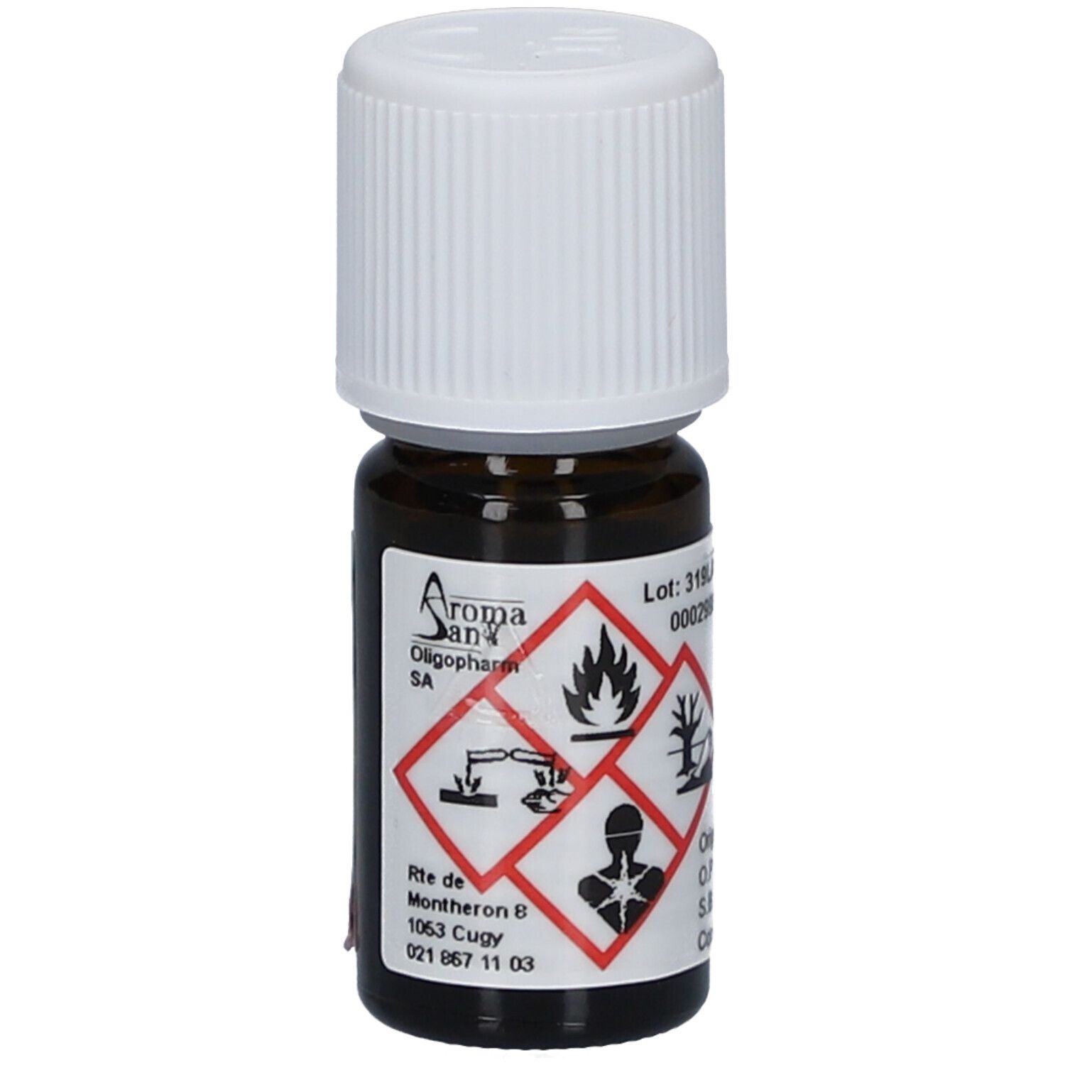 Braune Glasflasche mit weißem Deckel. Etikett mit Logo Aromasan und Gefahrensymbolen.