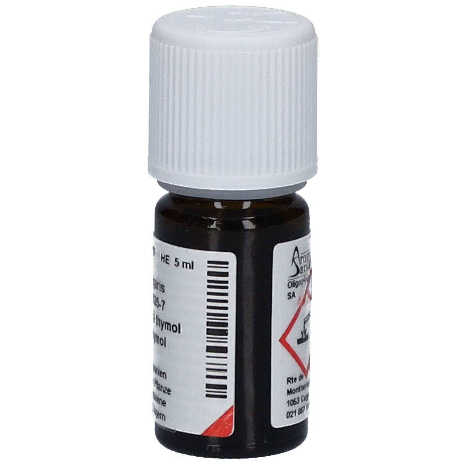 Braune Glasflasche mit weißem Deckel. Etikett mit Logo Aromasan und Gefahrensymbol.