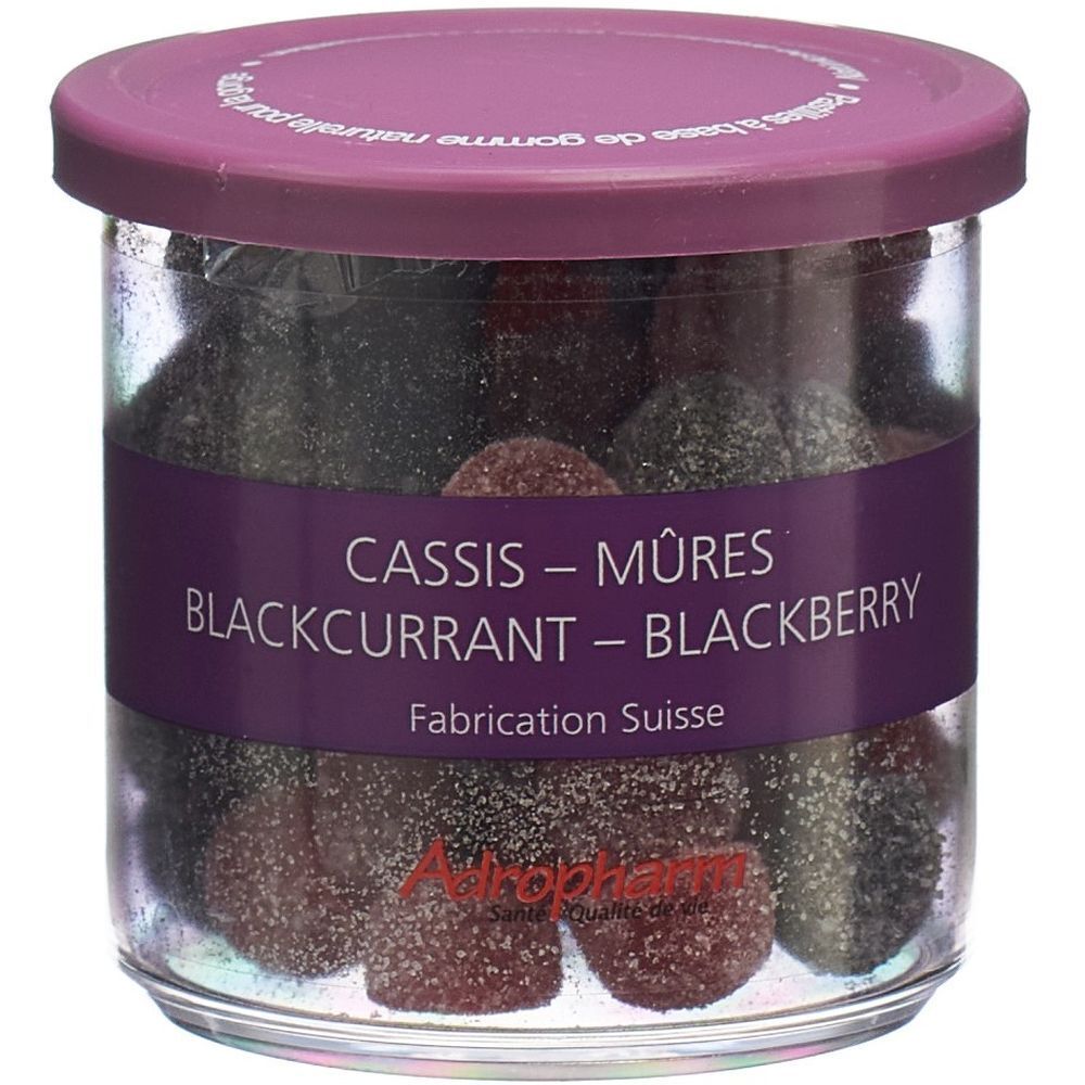 Pot de pastilles. Inscription: Cassis-Mûres, Blackcurrant-Blackberry. Couvercle et étiquette violets. Logo Adropharm.