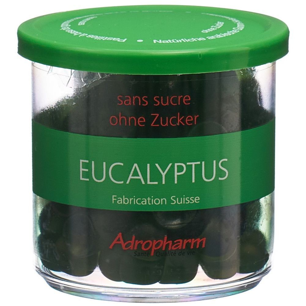 Glas mit grünen Pastillen. Aufschrift: Eukalyptus, sans sucre, ohne Zucker, Adropharm. Grüner Deckel.