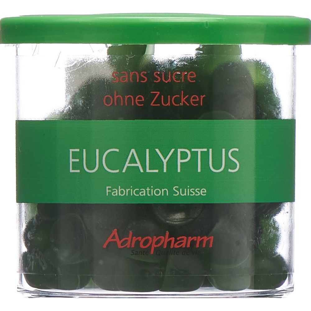 Glas mit grünen Pastillen. Aufschrift: Eukalyptus, sans sucre, ohne Zucker, Adropharm. Grüner Deckel.