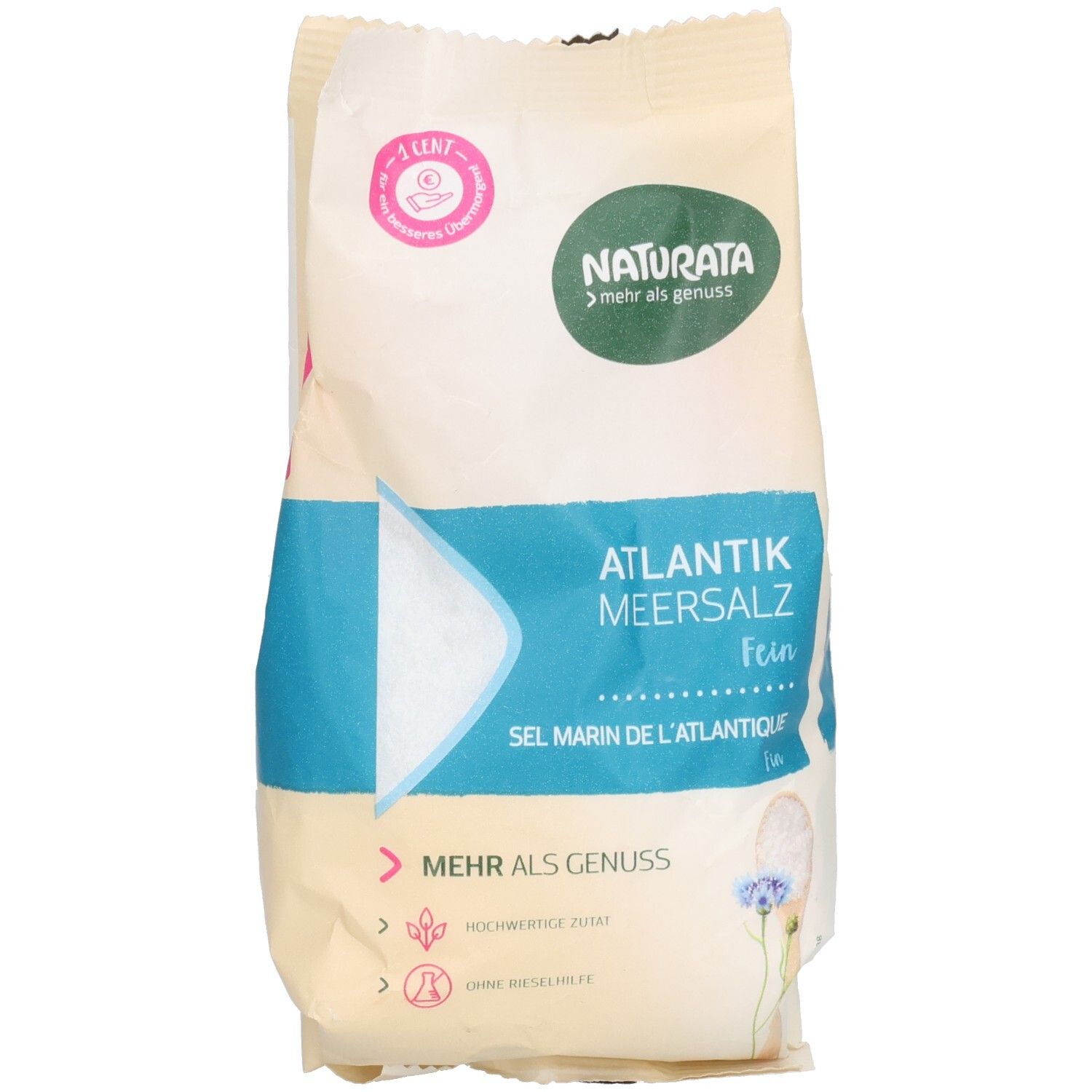 Sachet de sel marin Atlantique. Design blanc et bleu avec logo et texte. Sceau rose avec texte. Fin.