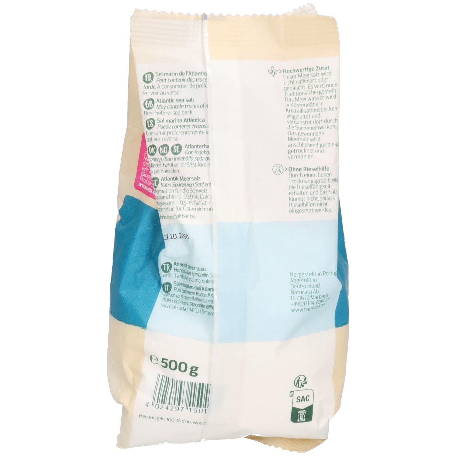 Dos du paquet de sel. Texte en plusieurs langues. Poids : 500g. Sceau.