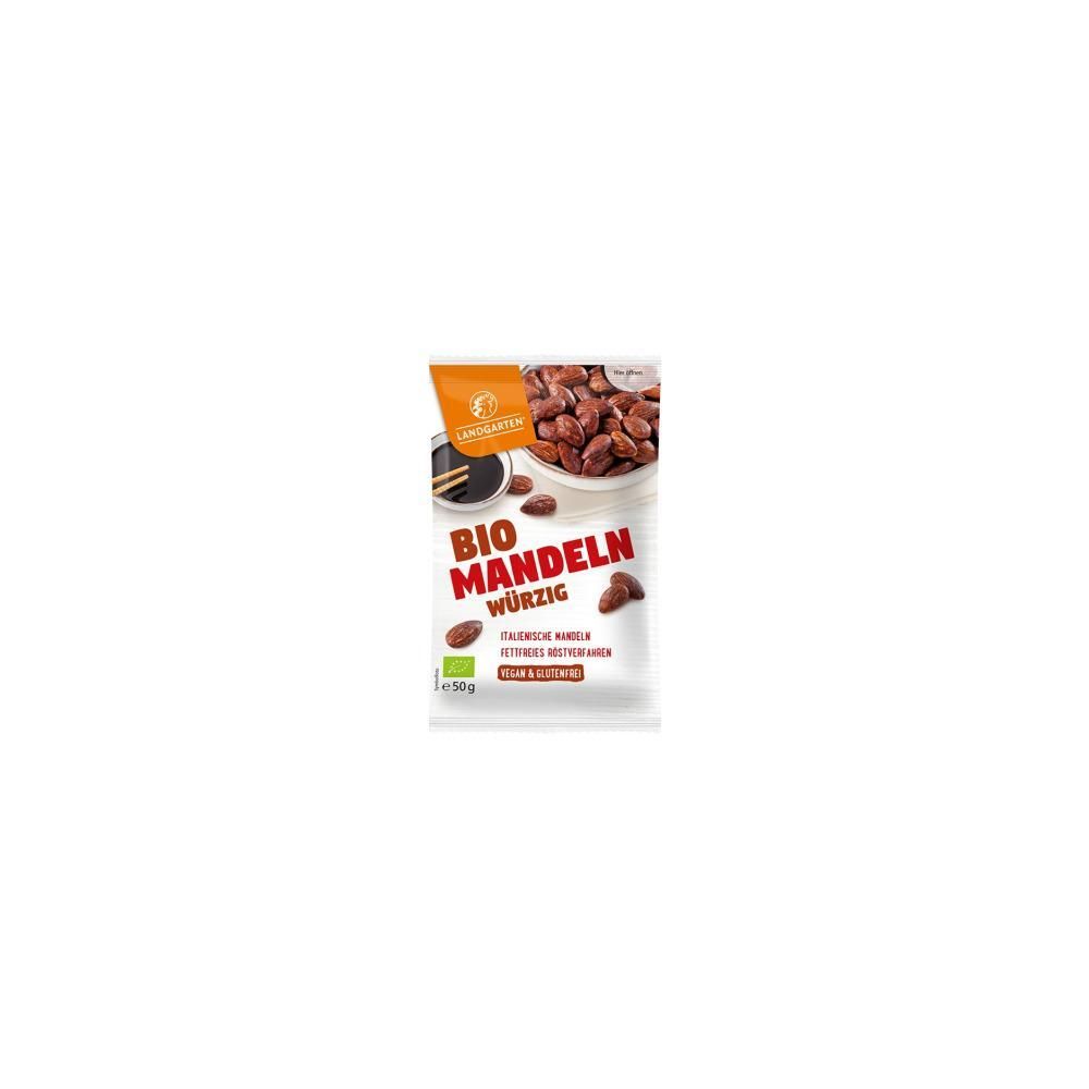 Verpackung mit Mandeln. Aufschrift: BIO Mandeln würzig. Logo und Schriftzug LANDGARTEN. Glutenfrei und vegan.