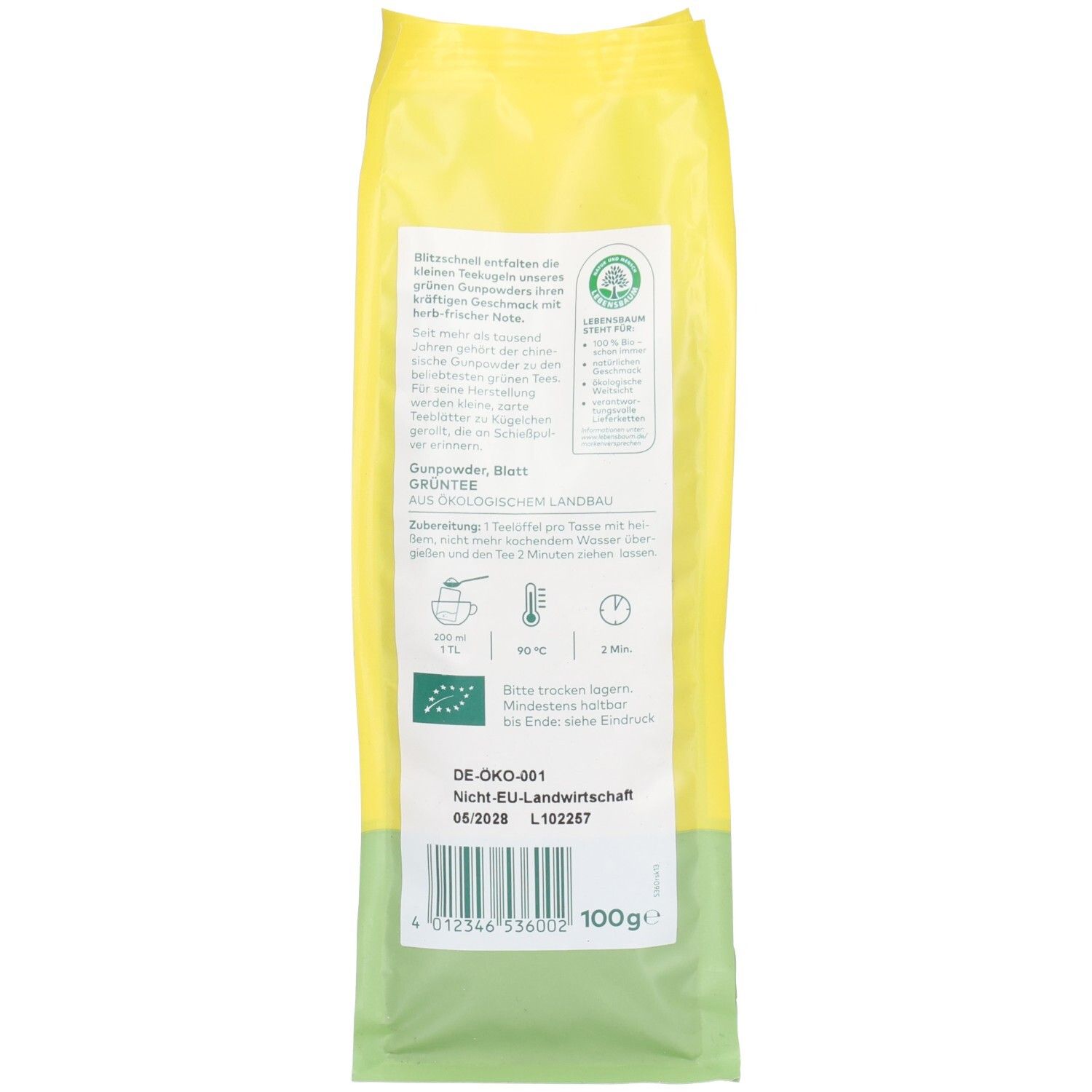 Rückseite der Verpackung. Text, Zubereitungshinweis. Bio-Siegel. DE-ÖKO-001. 100g.