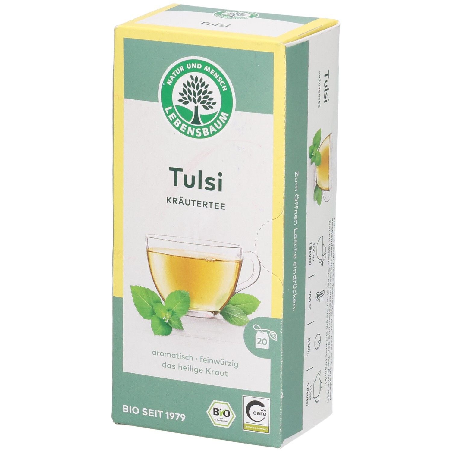 LEBENSBAUM Tulsi Kräutertee-Verpackung. Grün-weißes Karton mit Logo, Produktname, Teetasse-Illustration und 20 Teebeuteln.