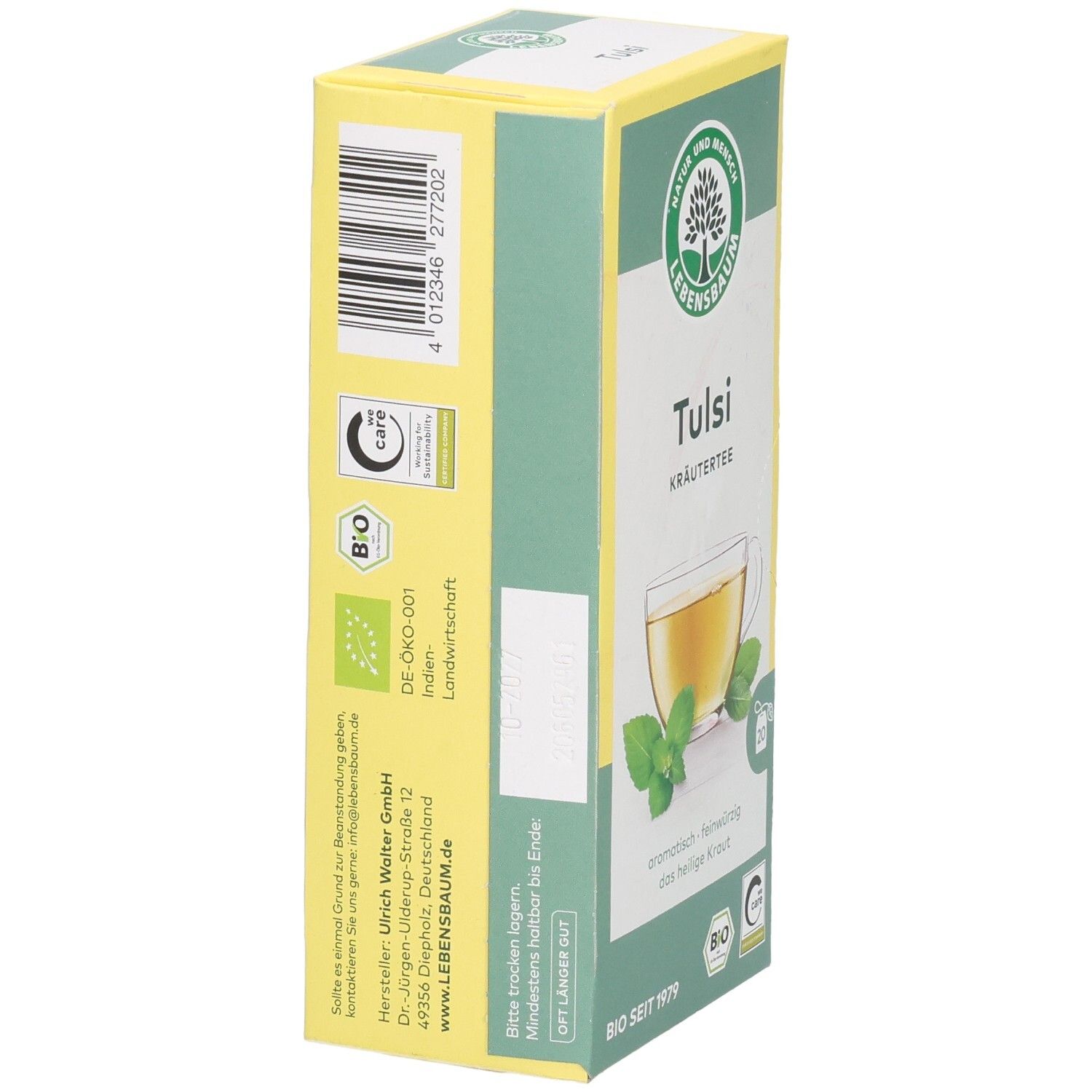 Seite der LEBENSBAUM Tulsi Teeverpackung. Barcode, Herstellerinformationen, Bio-Siegel und Mindesthaltbarkeitsdatum.