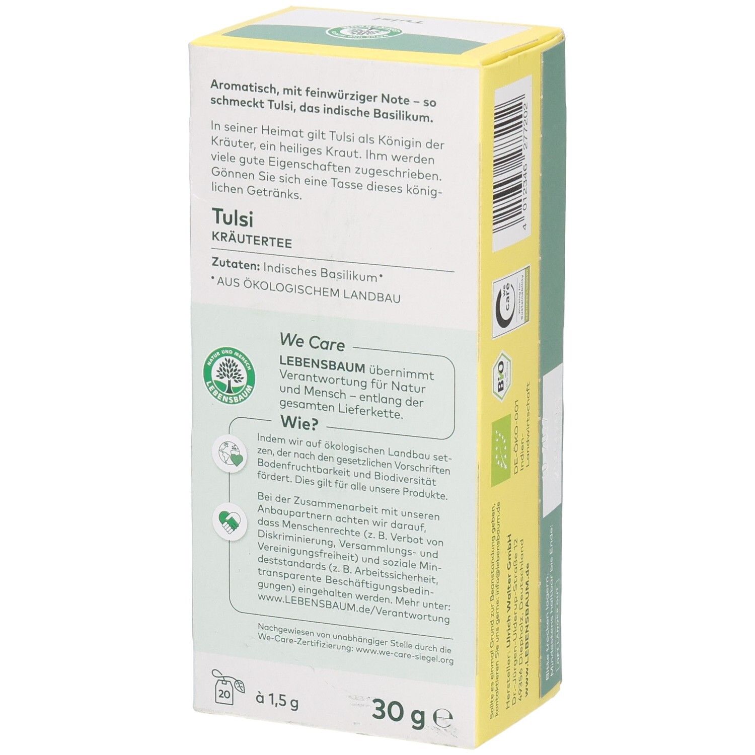 Rückseite der LEBENSBAUM Tulsi Teeverpackung. Text über Tulsi, Zutaten, We Care-Informationen und Bio-Siegel.
