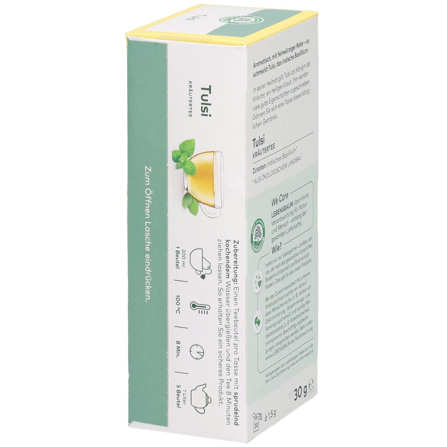 Seite der LEBENSBAUM Tulsi Teeverpackung. Zubereitungshinweise, Text, Bio-Siegel und 30g-Angabe.