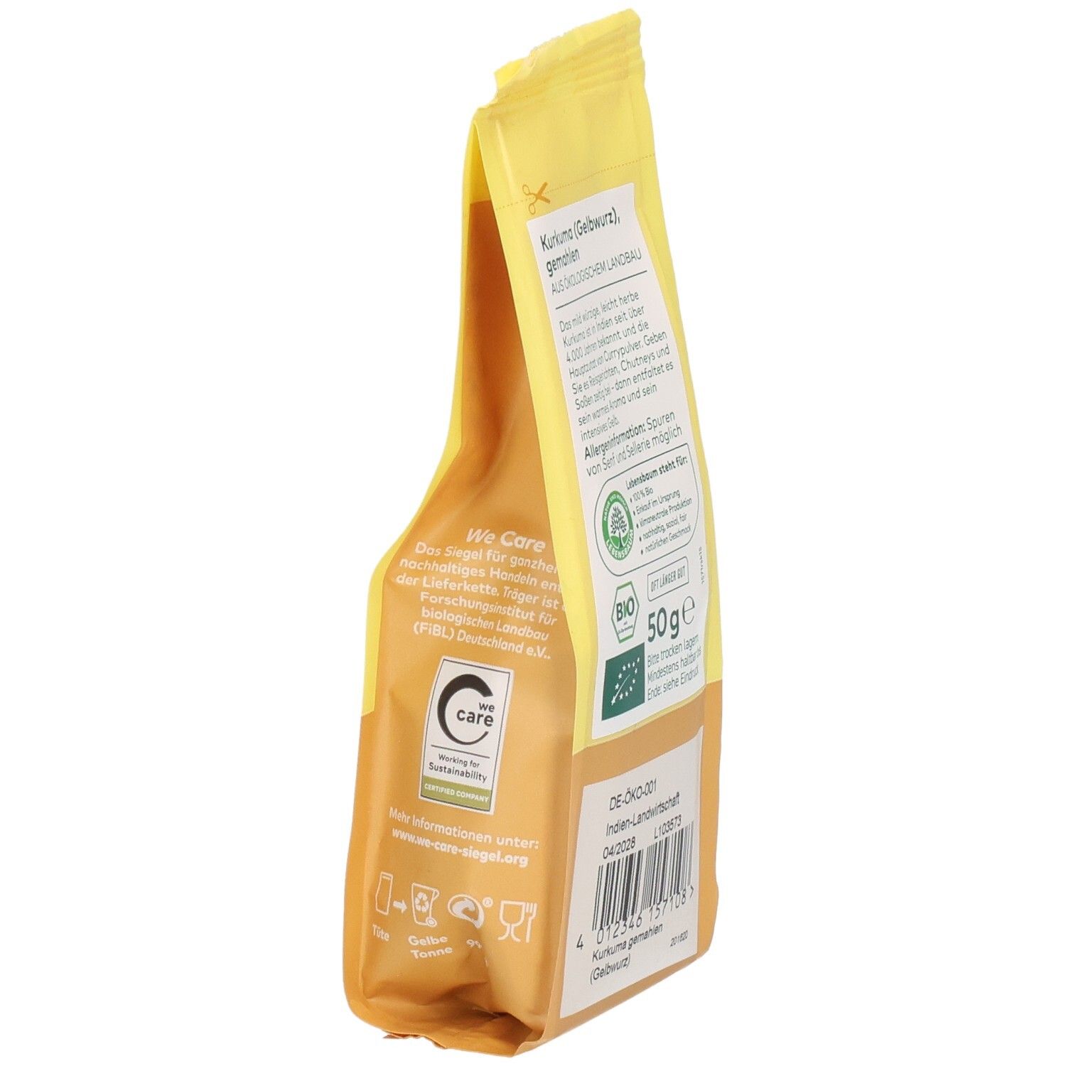 Sachet de curcuma jaune, en biais. Inscription : Curcuma (Gelbwurz) moulu. Label bio. Texte et logo Lebensbaum.