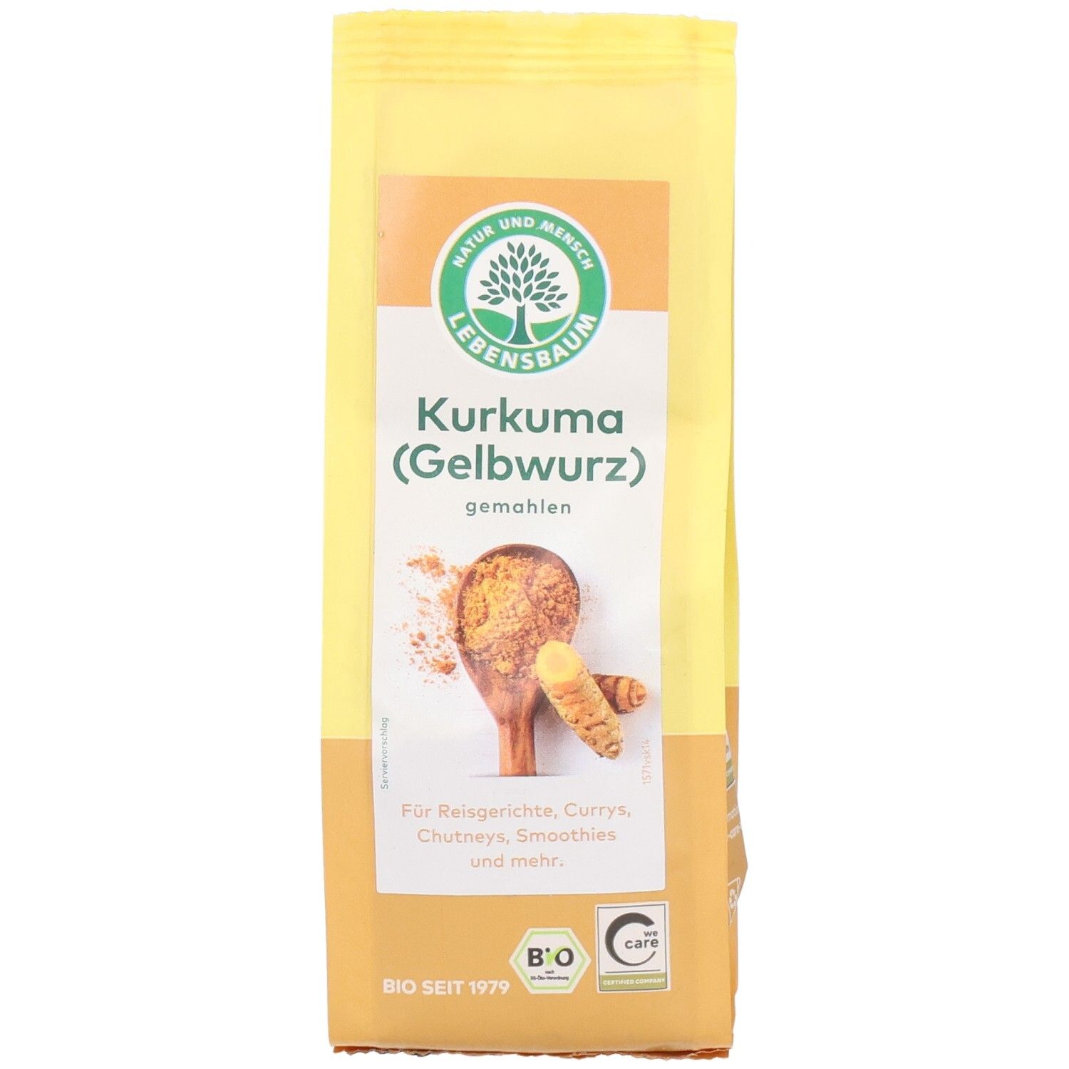 Sachet de curcuma jaune, de face. Inscription : Curcuma (Gelbwurz) moulu. Label bio. Texte et logo Lebensbaum.