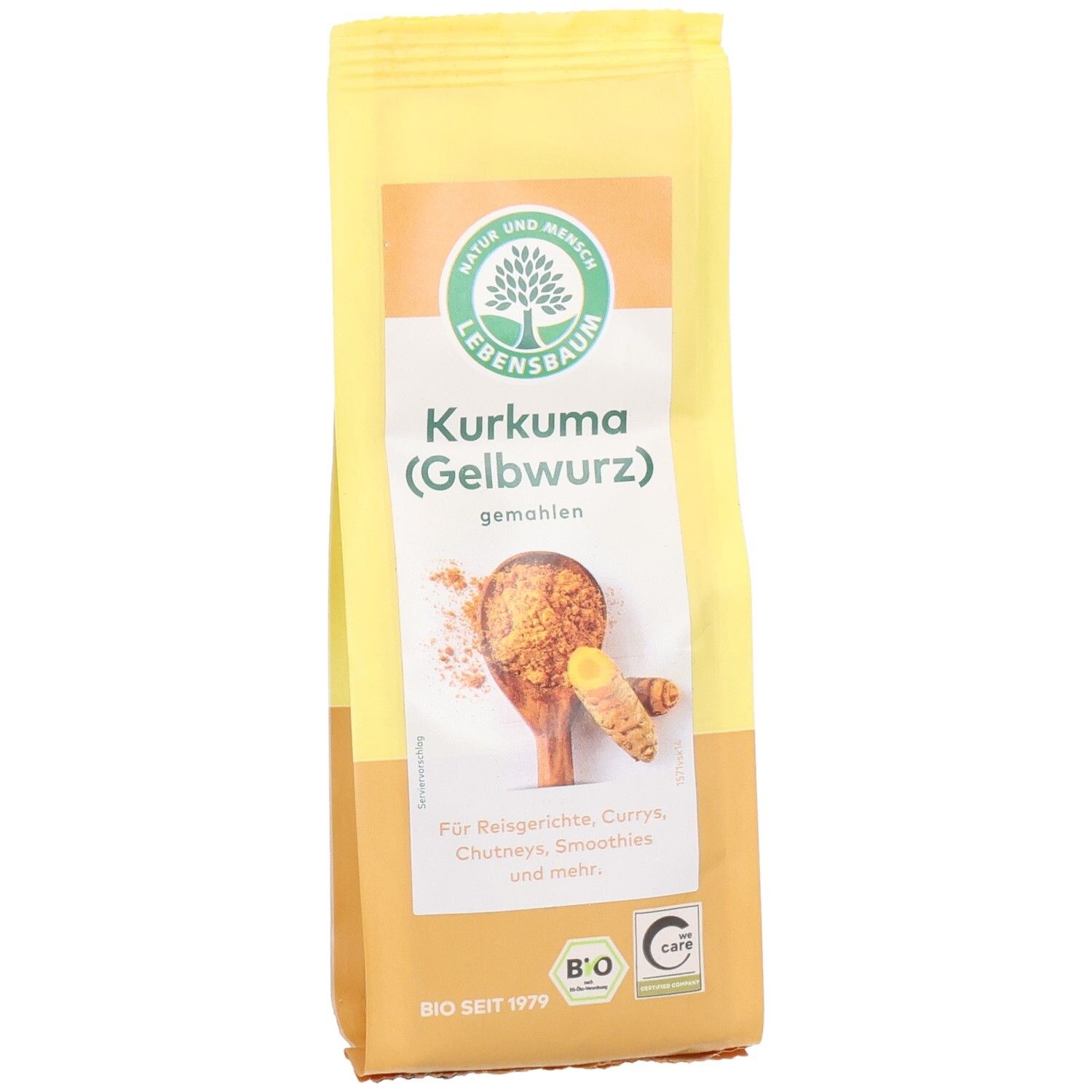 Sachet de curcuma jaune, de face. Inscription : Curcuma (Gelbwurz) moulu. Label bio. Texte et logo Lebensbaum.