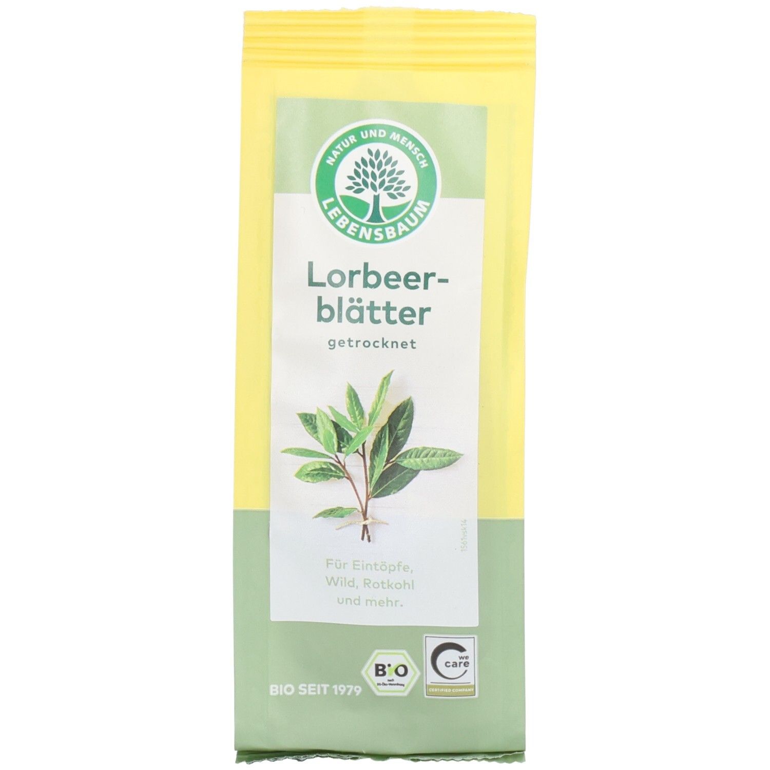 LEBENSBAUM Feuilles de laurier séchées, emballage jaune et vert. Label bio. Texte: Feuilles de laurier, Nature et Homme.