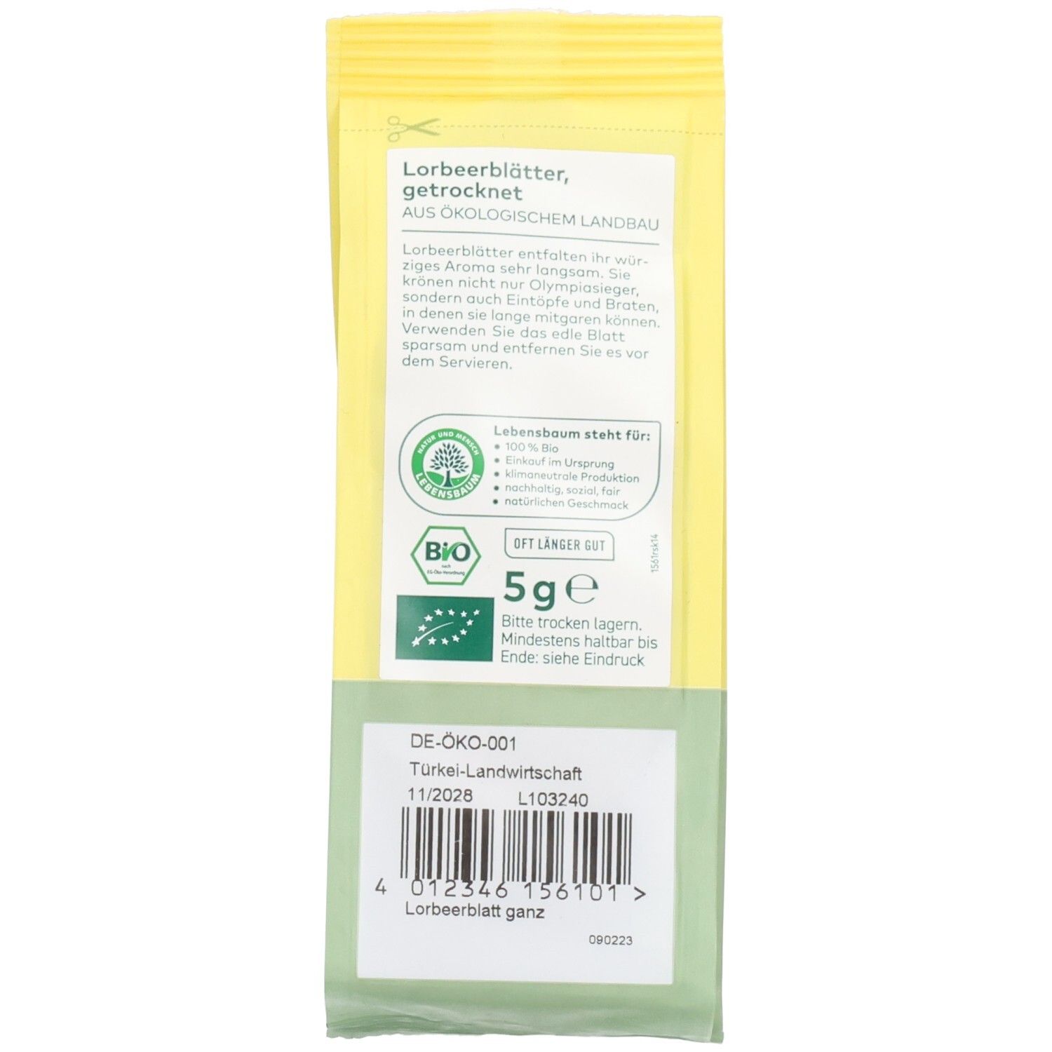 Dos de l'emballage LEBENSBAUM Feuilles de laurier. Texte: Feuilles de laurier, culture biologique. Label bio, 5 g. Date de péremption.