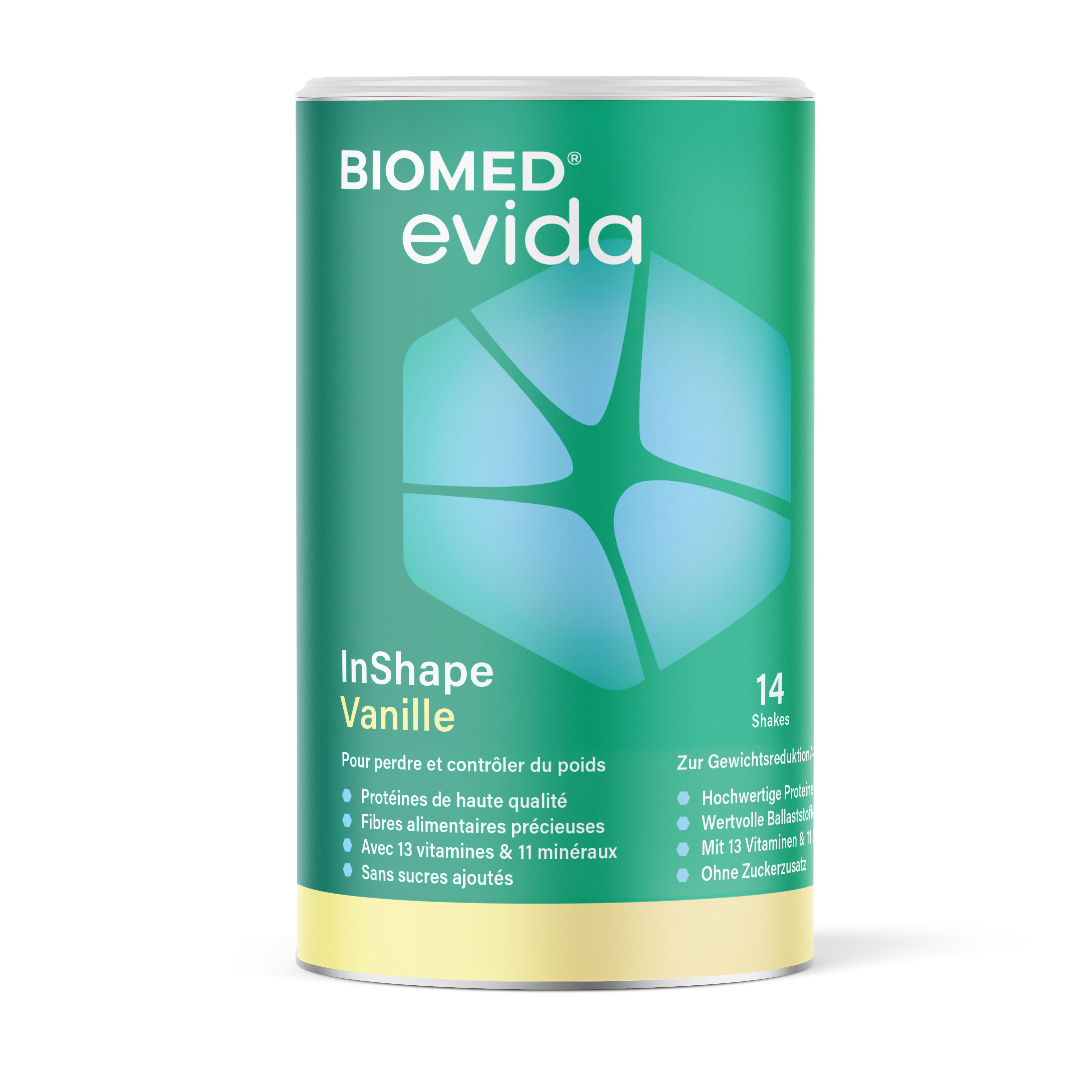 Boîte Biomed Evida InShape Vanille avec informations nutritionnelles et instructions de préparation.