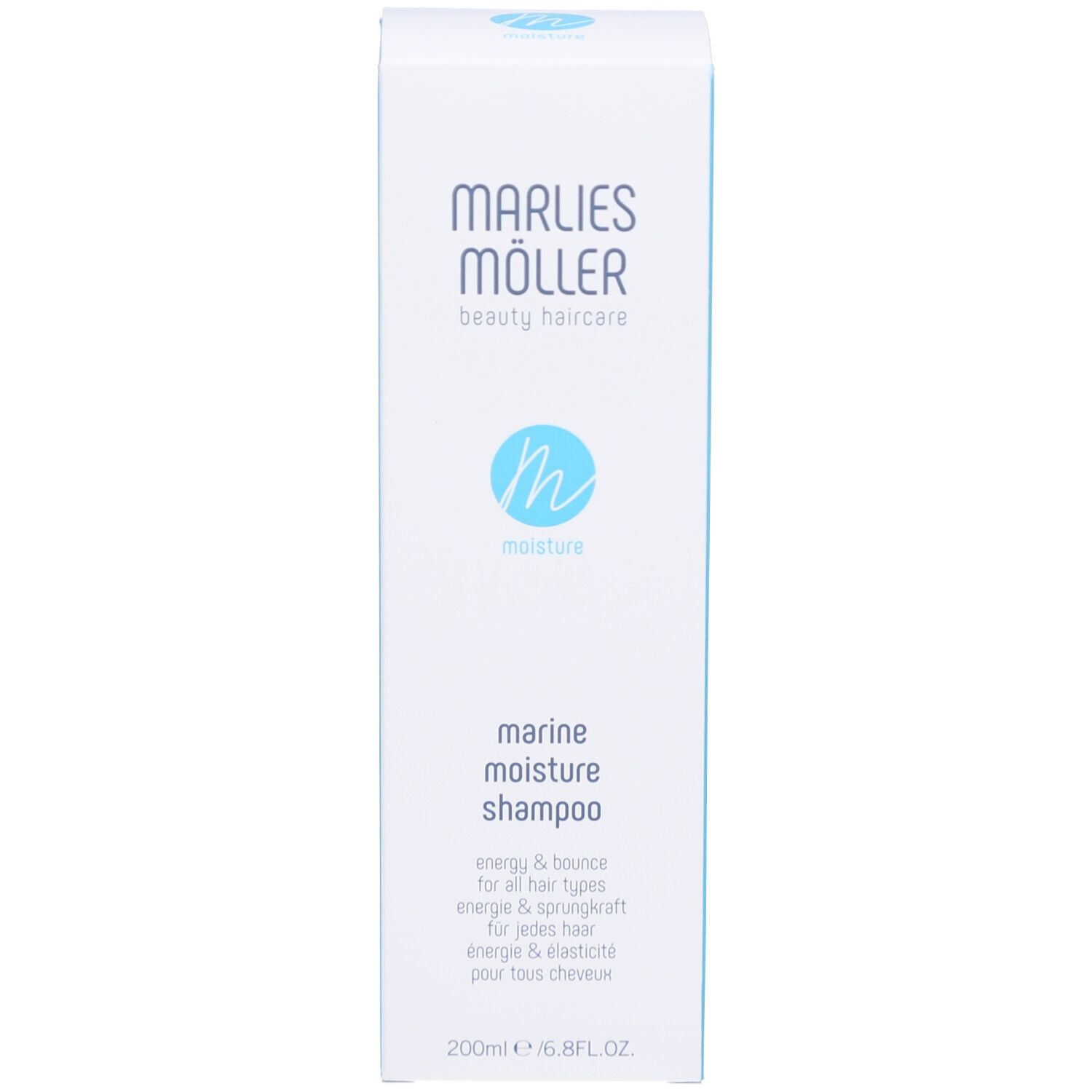 Rückseite der Verpackung. Aufschrift: Marlies Möller, Marine Moisture Shampoo. Text in mehreren Sprachen.
