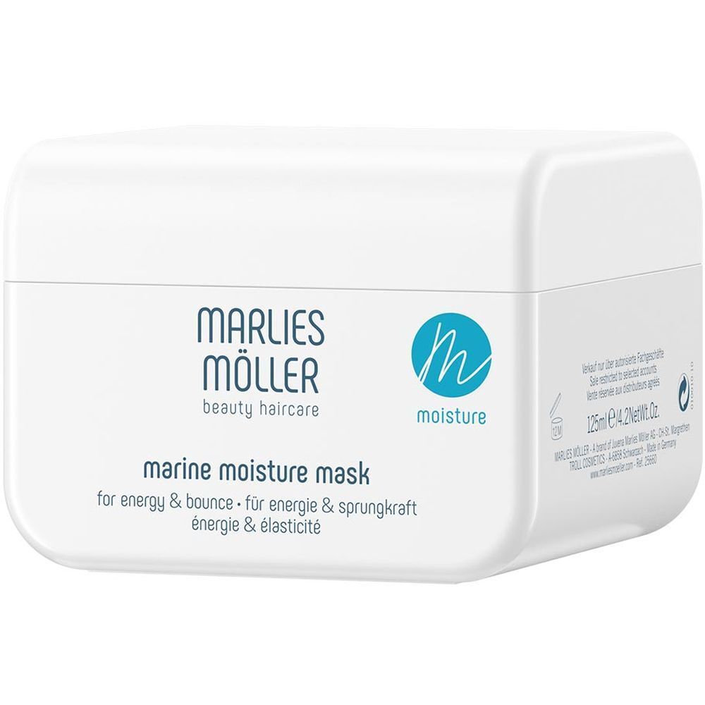 Weißer Tiegel mit blauer Aufschrift. Marlies Möller Marine Moisture Mask. Text in Deutsch, Englisch und Französisch.