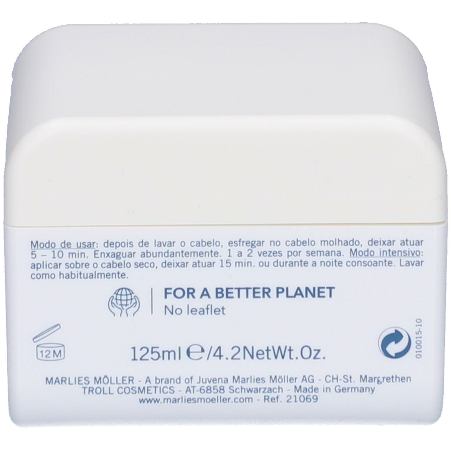 Rückseite des weißen Tiegels. Text in mehreren Sprachen. Marlies Möller Marine Moisture Mask.