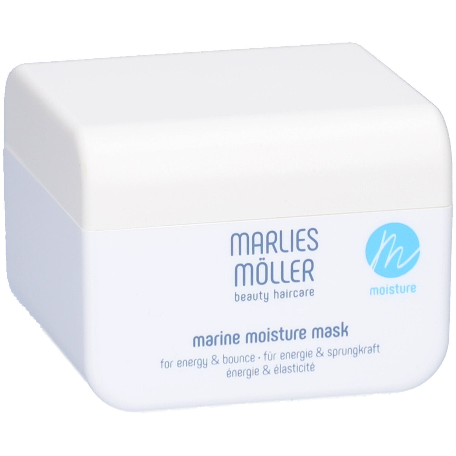Weißer Tiegel mit blauer Aufschrift. Marlies Möller Marine Moisture Mask.