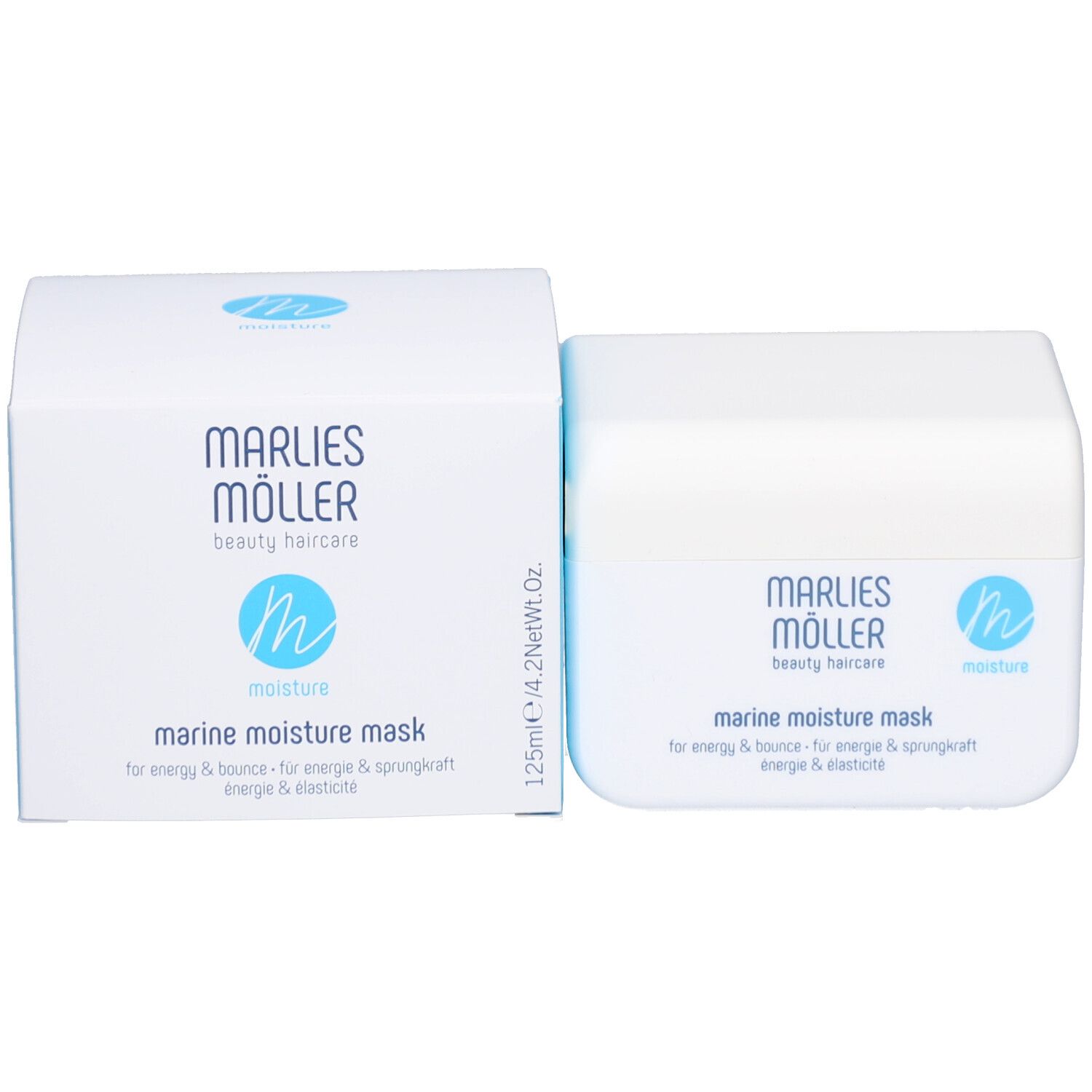 Weißer Tiegel mit blauer Aufschrift. Marlies Möller Marine Moisture Mask.