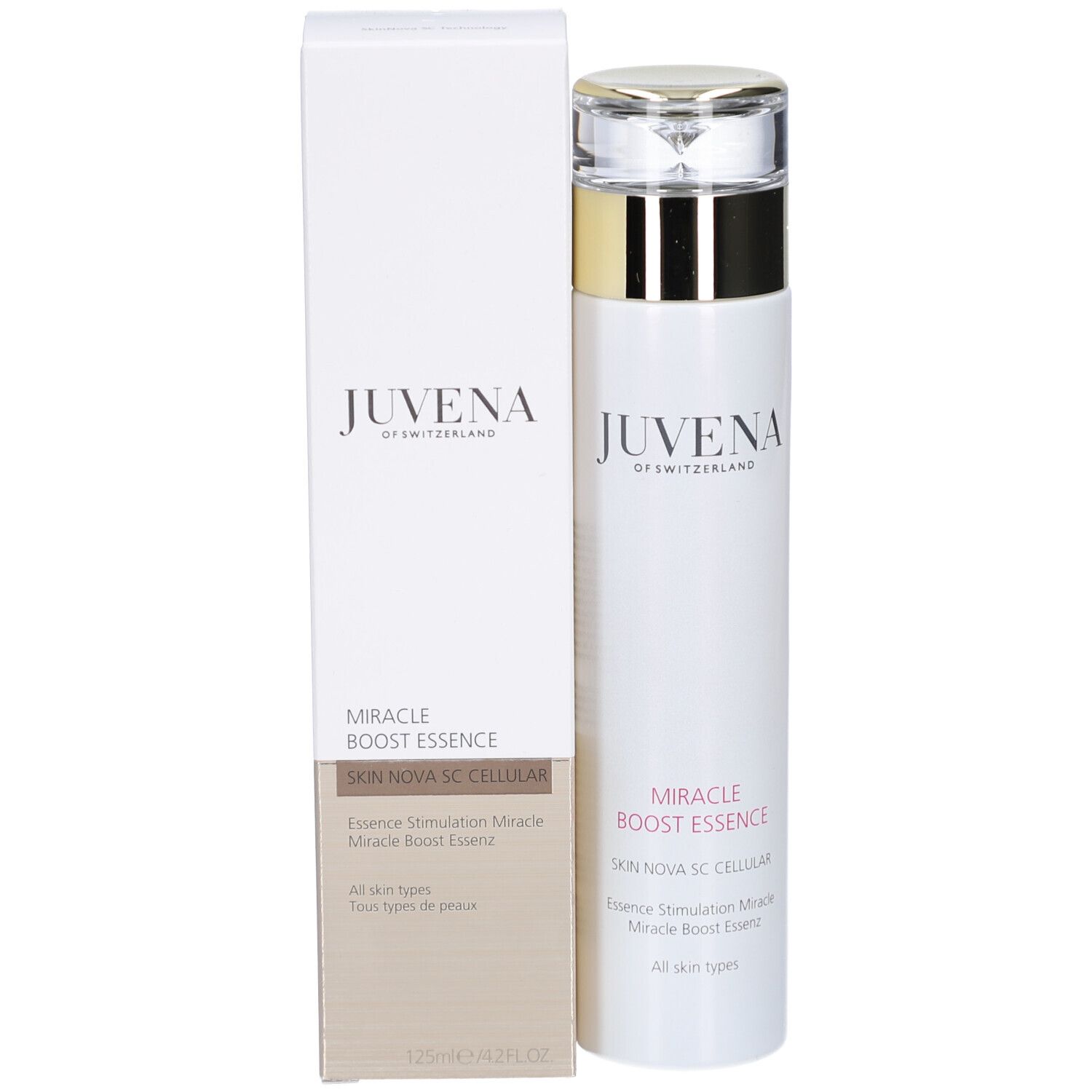 Produit et emballage. Flacon blanc, bouchon doré. Inscription : Juvena, Miracle Boost Essence. 125 ml.