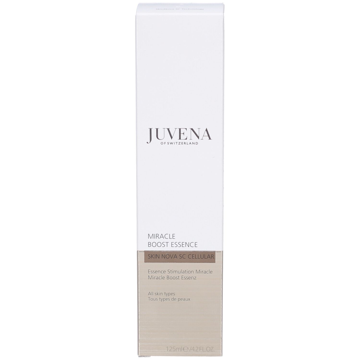 Emballage du produit. Inscription : Juvena, Miracle Boost Essence. 125 ml. Coloris beige et blanc.