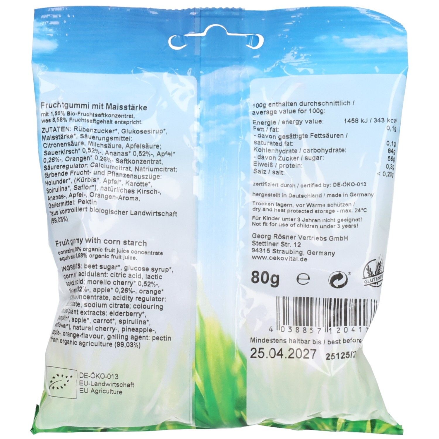 Rückseite der Verpackung mit Nährwertangaben und Zutatenliste. Aufdruck: 80g, Mindestens haltbar bis 25.04.2027.