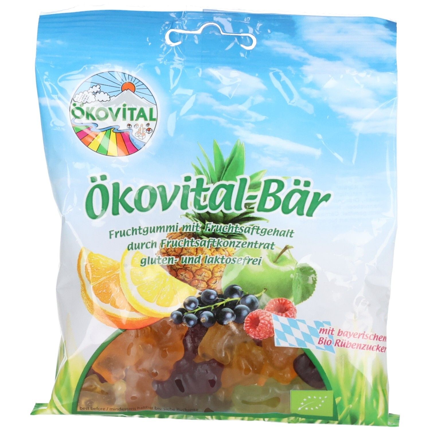 Sachet de bonbons gélifiés ÖKOVITAL. Impression de fruits et nom du produit. Label bio. Emballage transparent.