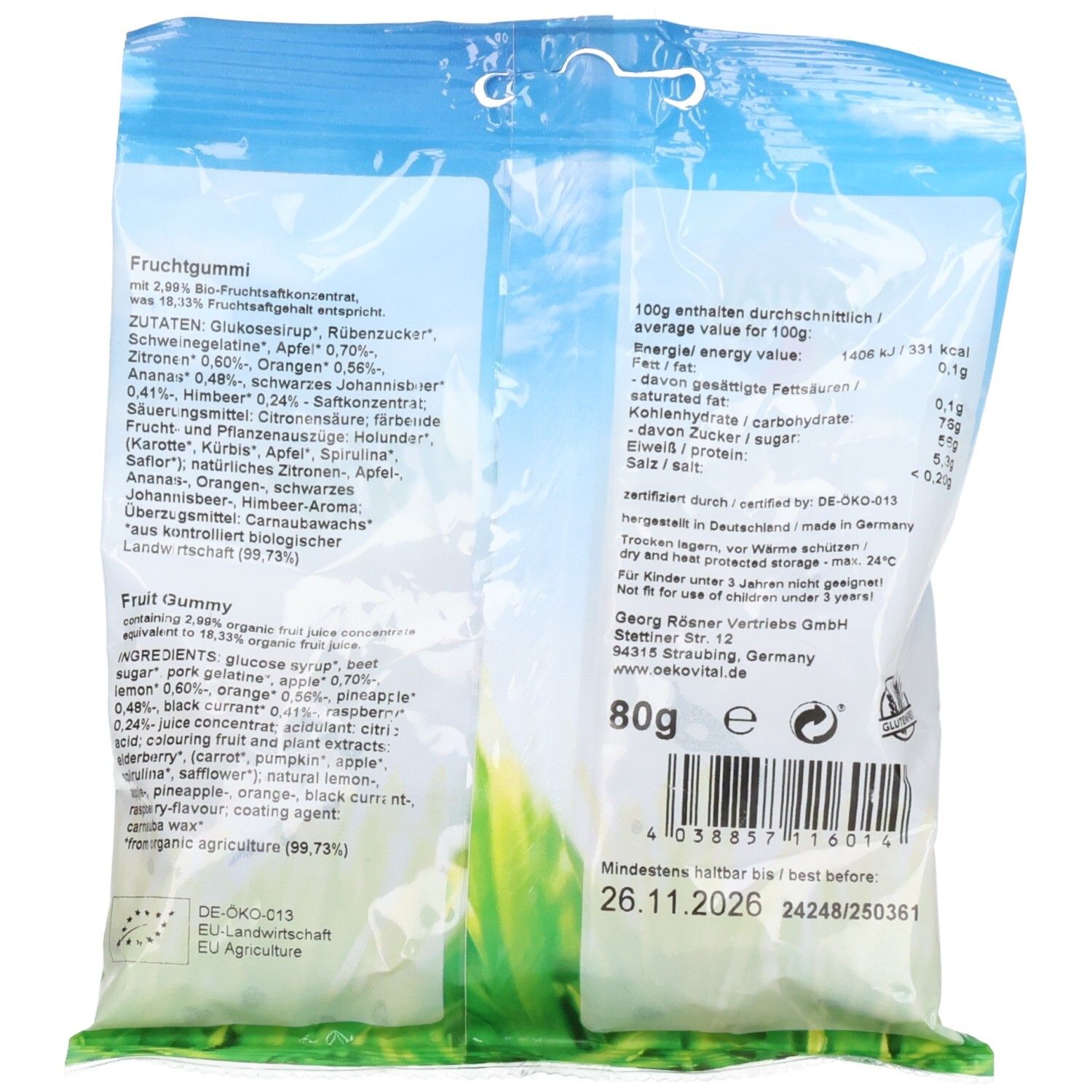 Dos du paquet de bonbons gélifiés ÖKOVITAL. Liste des ingrédients, informations nutritionnelles, informations fabricant et date limite.