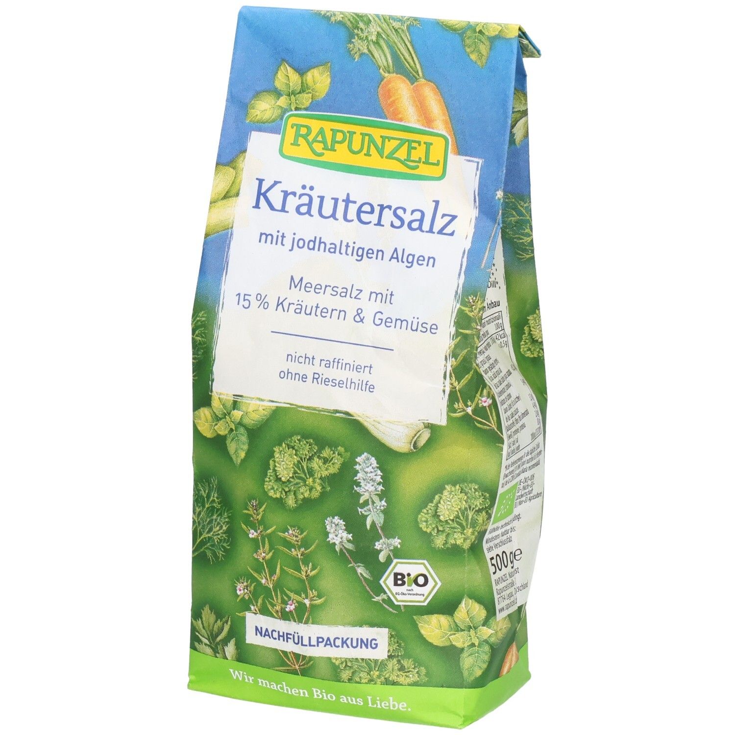 Sachet de sel aux herbes avec algues. Emballage bleu-vert avec illustrations d'herbes et de légumes. Label bio.