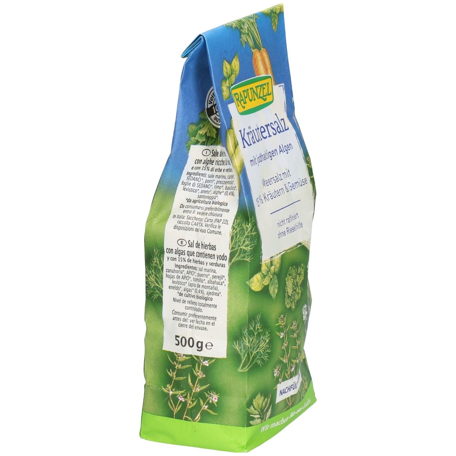 Vue latérale du sachet de sel aux herbes. Emballage bleu et vert avec texte et illustrations d'herbes. Label bio.