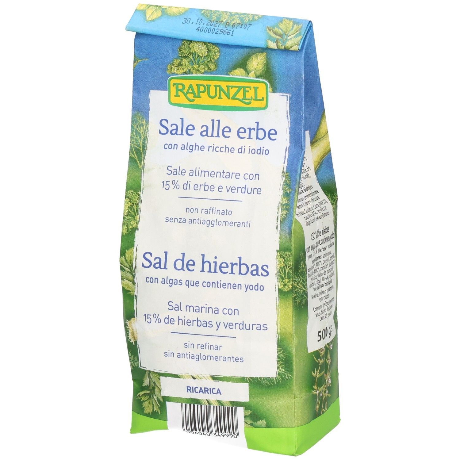 Sachet de sel aux herbes avec texte en allemand, italien et espagnol. Label bio. 500g.