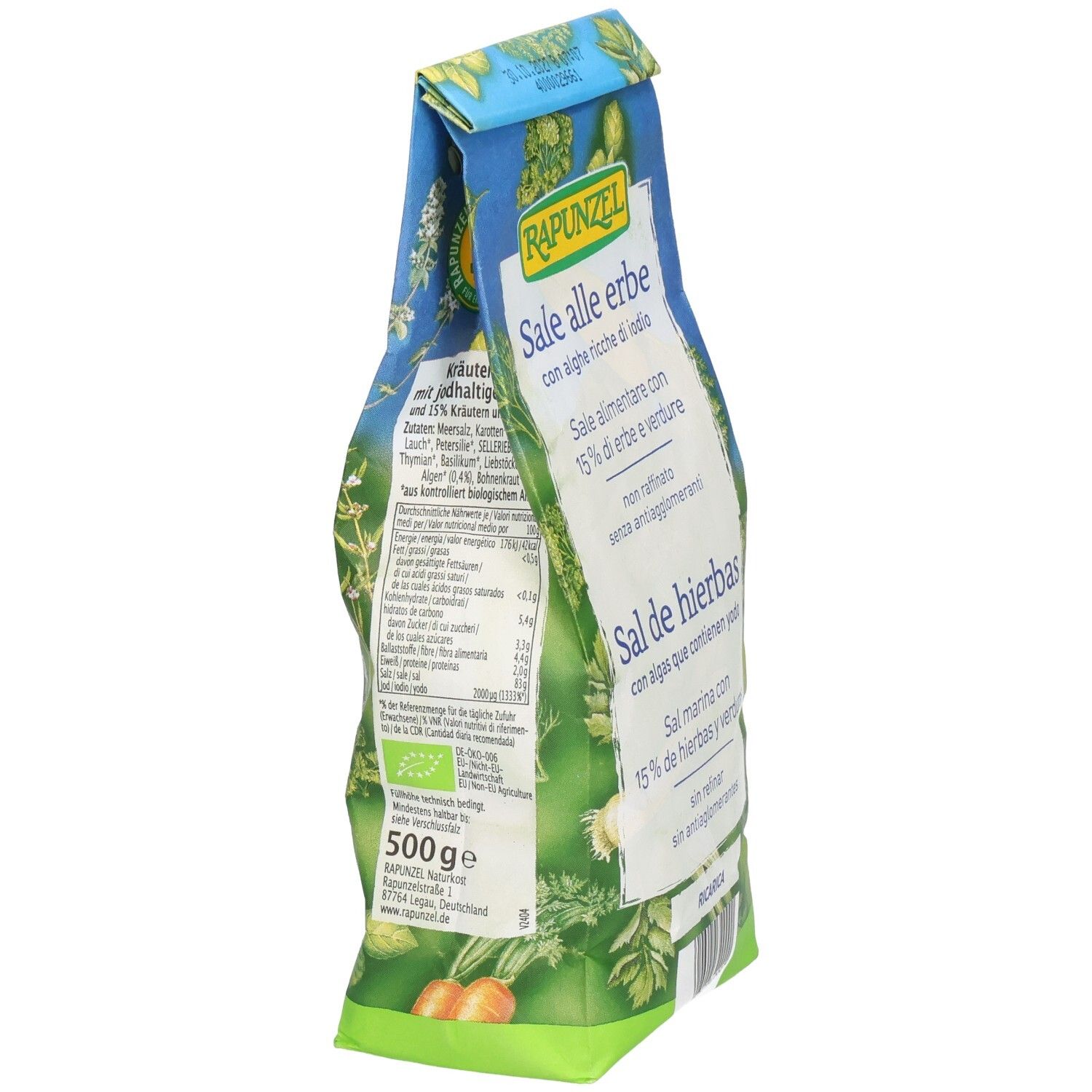 Vue latérale du sachet de sel aux herbes. Texte en allemand, italien et espagnol. Label bio. 500g.