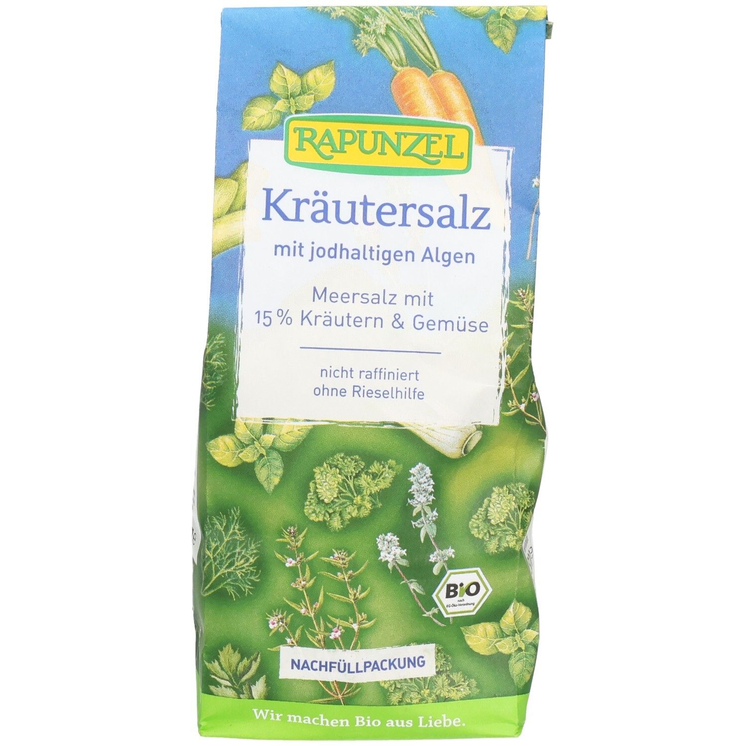 Sachet de sel aux herbes avec algues. Emballage bleu-vert avec illustrations d'herbes et de légumes. Label bio.