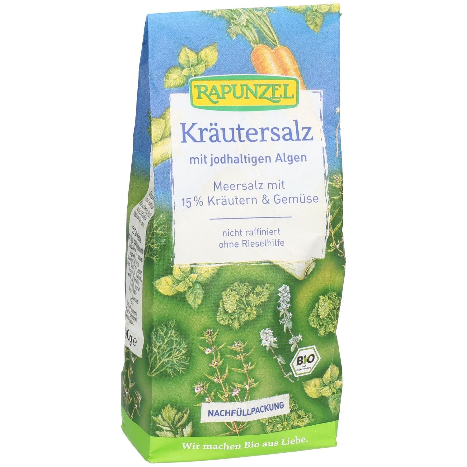 Sachet de sel aux herbes avec algues. Emballage bleu-vert avec illustrations d'herbes et de légumes. Label bio.