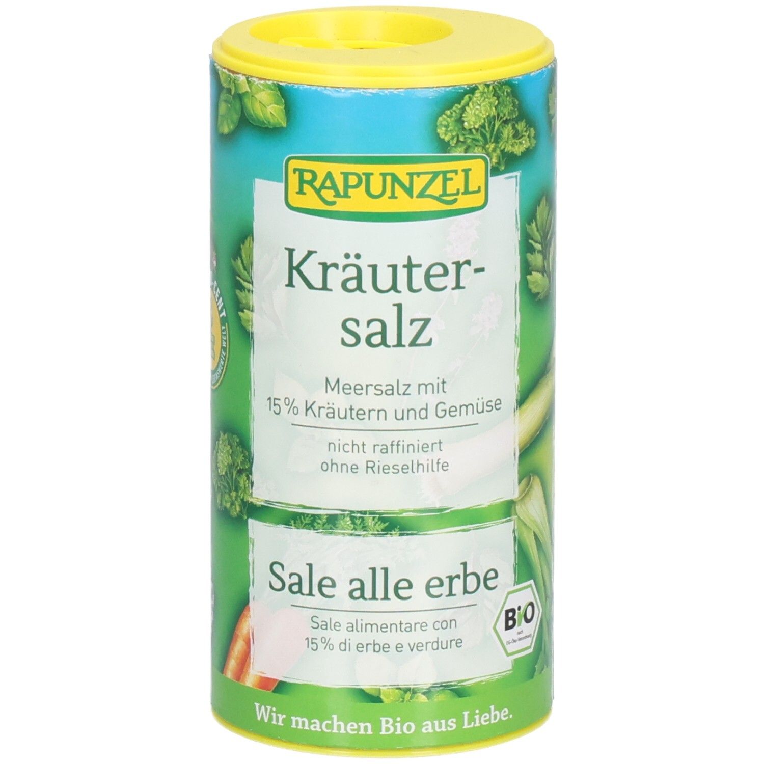 Boîte cylindrique de sel aux herbes. Inscription : Rapunzel Kräutersalz mit Gemüse. Label bio. Vert, jaune et blanc.