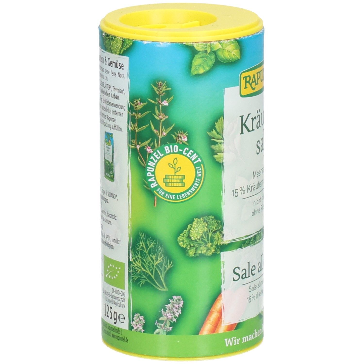 Boîte cylindrique de sel aux herbes. Inscription : Rapunzel Kräutersalz mit Gemüse. Label bio. Dos avec liste des ingrédients.