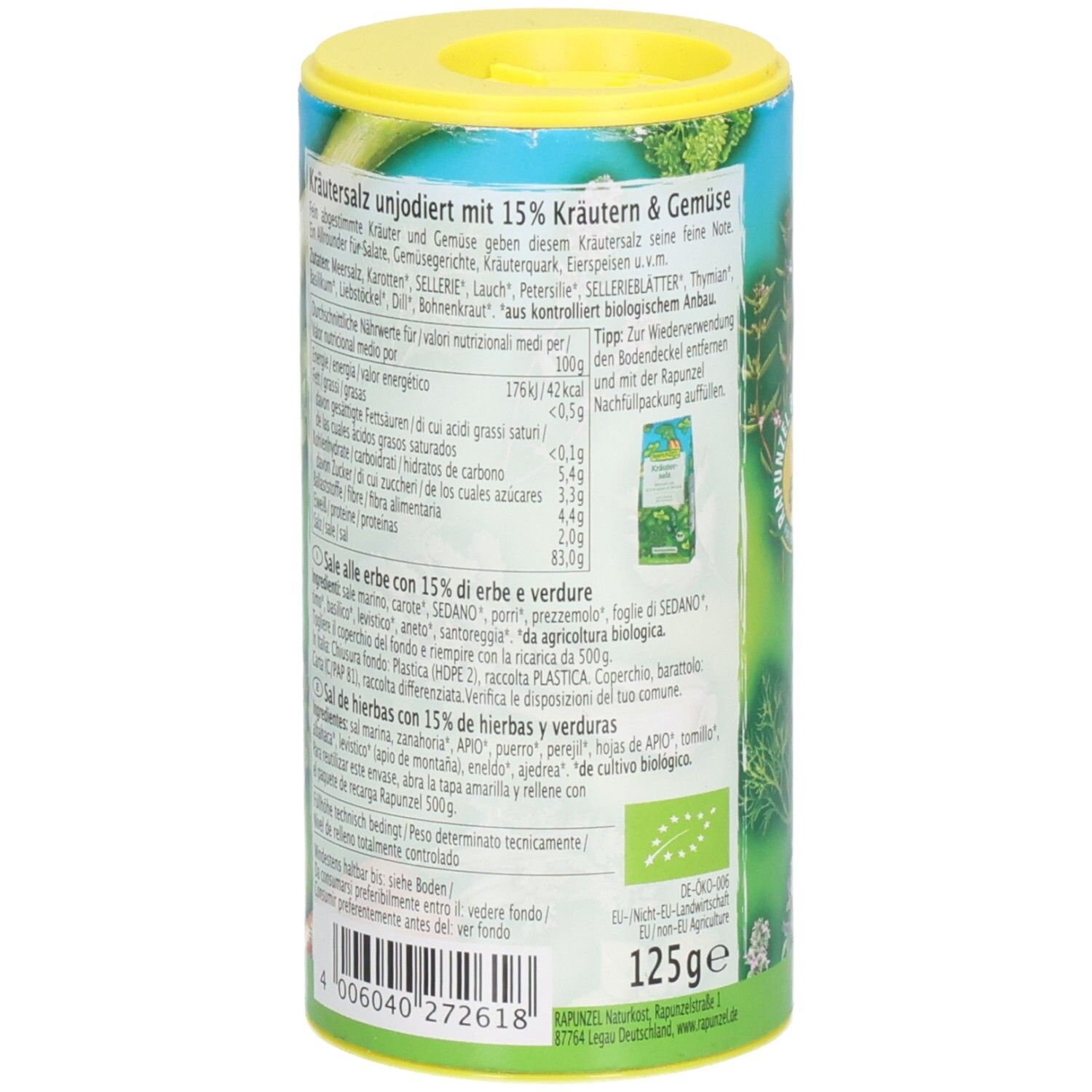 Boîte cylindrique de sel aux herbes. Inscription : Rapunzel Kräutersalz mit Gemüse. Label bio. Dos avec informations nutritionnelles.