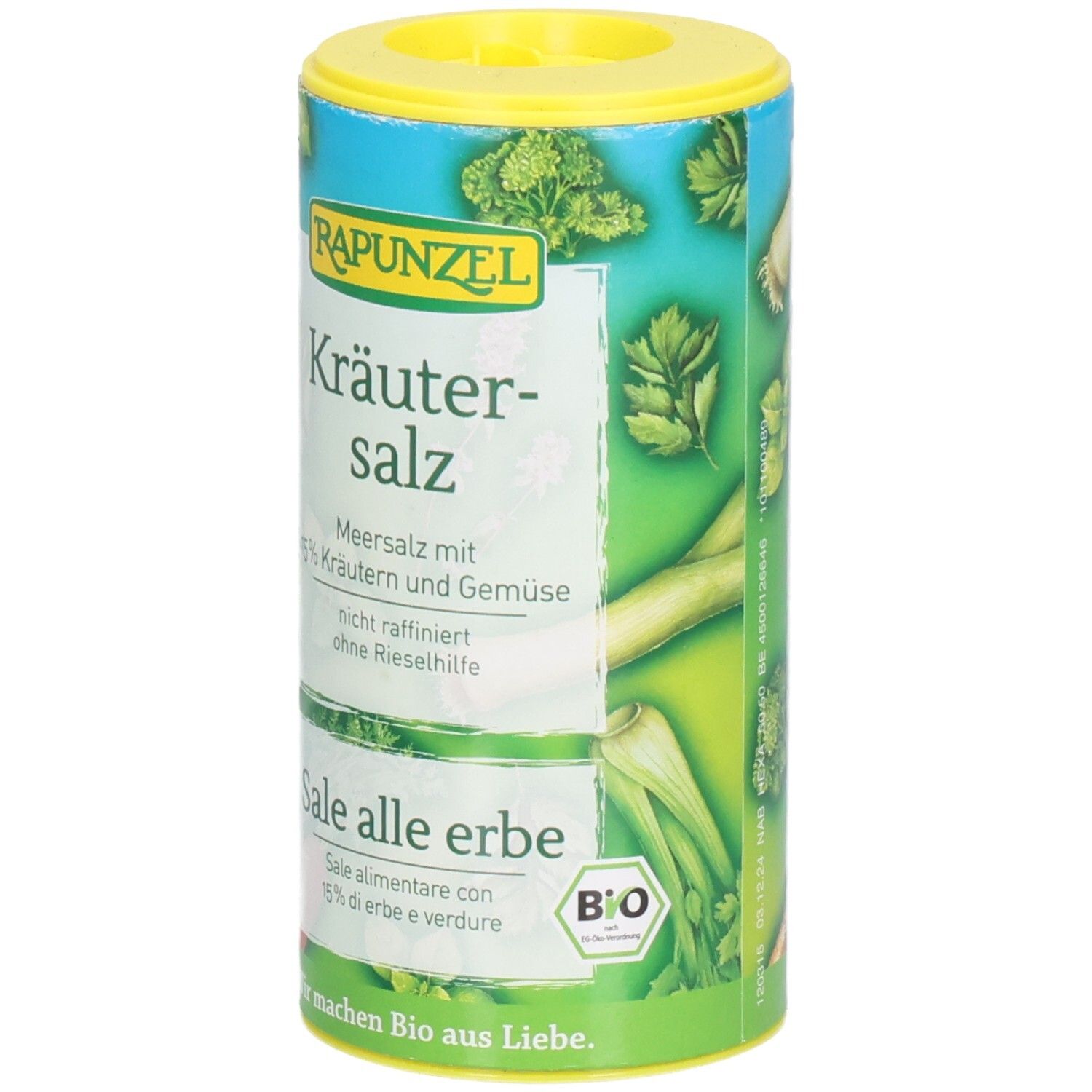 Boîte cylindrique de sel aux herbes. Inscription : Rapunzel Kräutersalz mit Gemüse. Label bio. Vert, jaune et blanc.