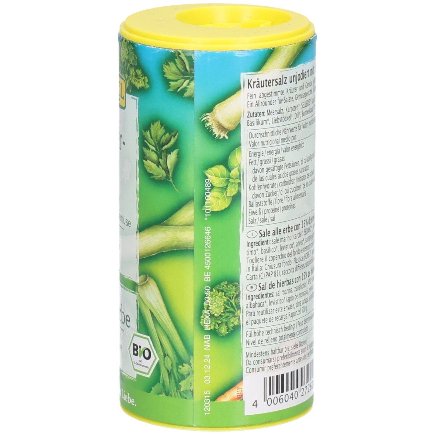 Boîte cylindrique de sel aux herbes. Inscription : Rapunzel Kräutersalz mit Gemüse. Label bio. Dos avec liste des ingrédients.