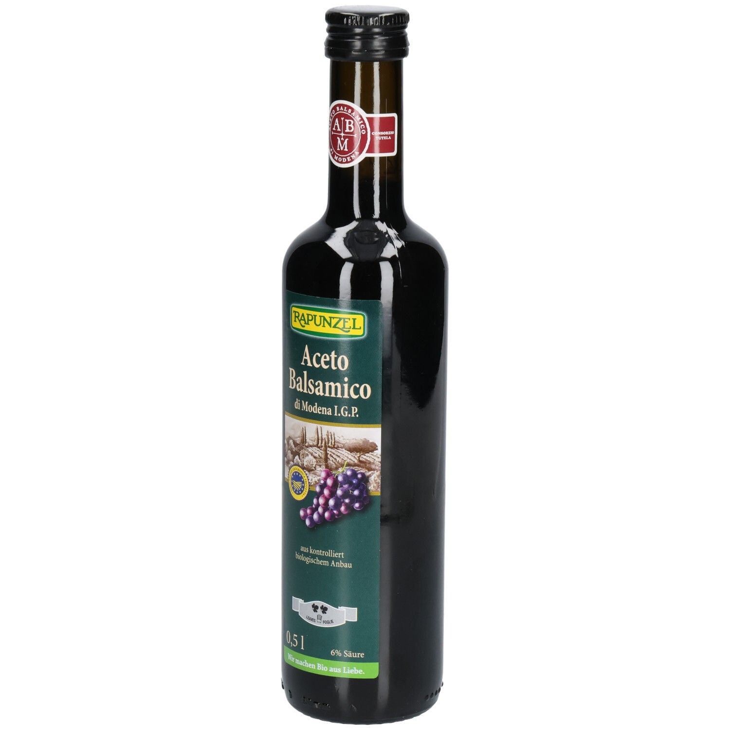 Bouteille en verre foncé avec étiquette. Inscription: RAPUNZEL Aceto Balsamico di Modena IGP. 0,5 l. Avec sceau.